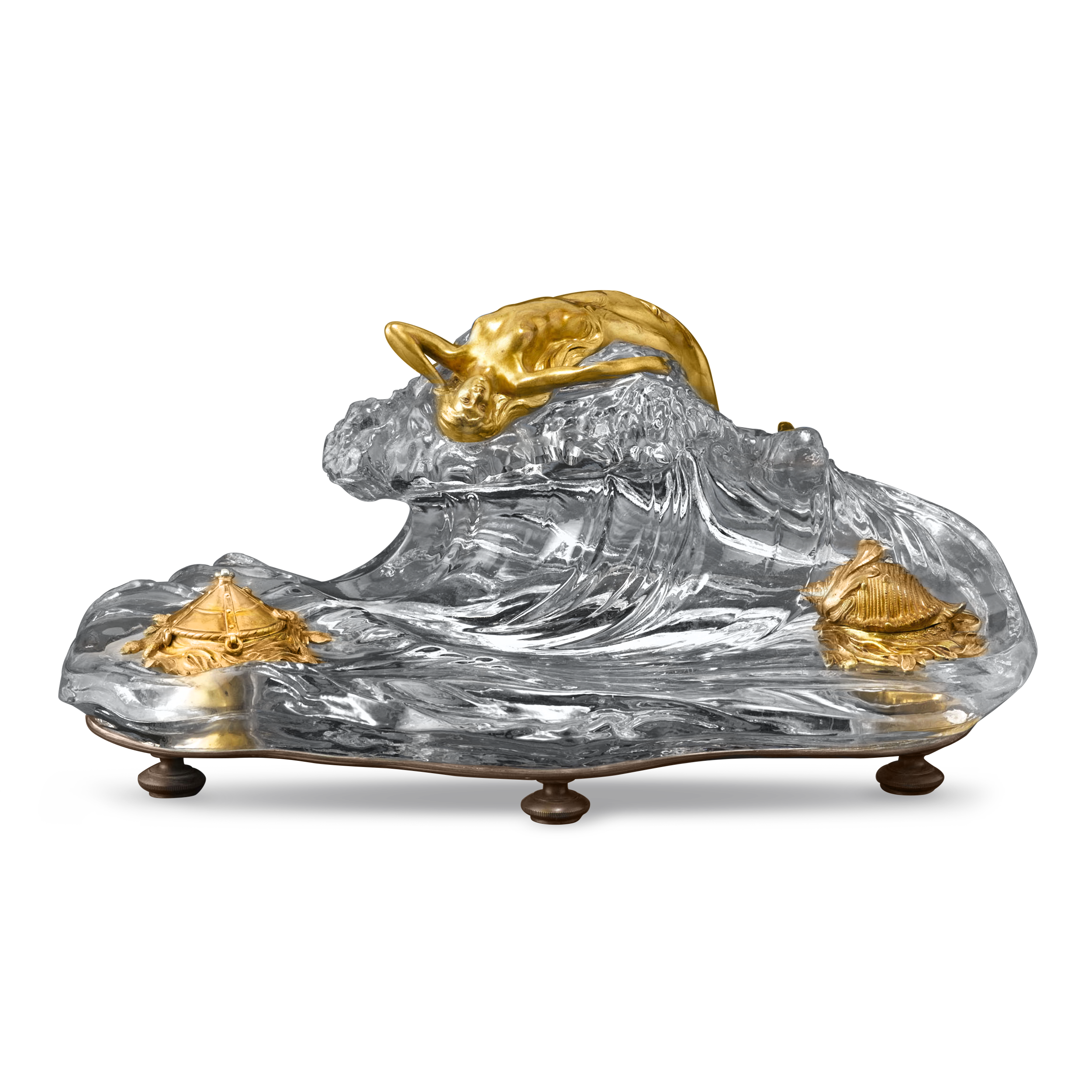 The crashing wave of this outstanding inkwell is carved Baccarat crystal