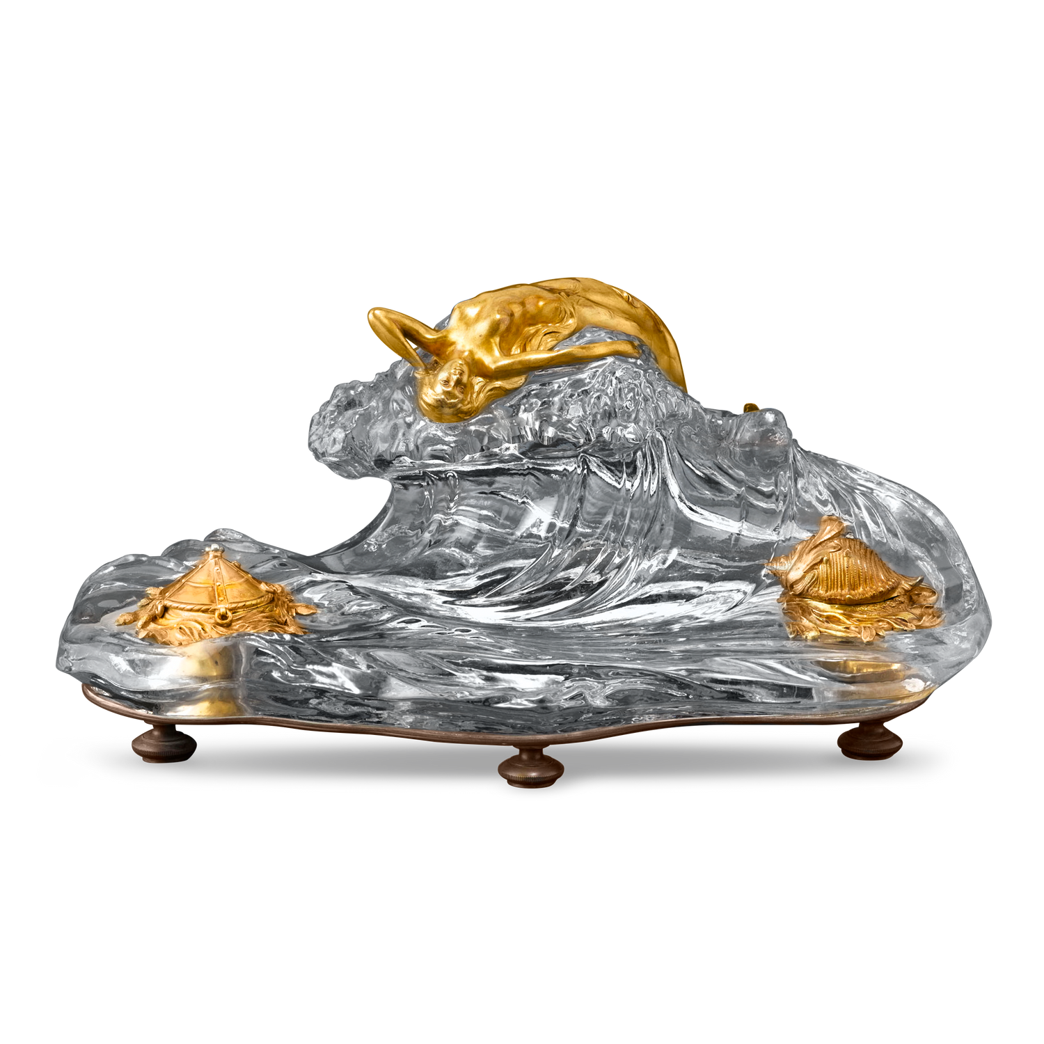 The crashing wave of this outstanding inkwell is carved Baccarat crystal