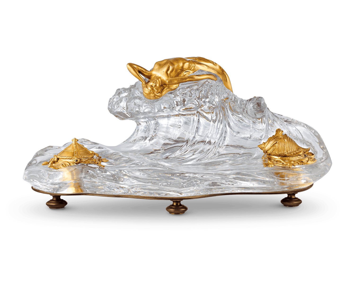 The crashing wave of this outstanding inkwell is carved Baccarat crystal