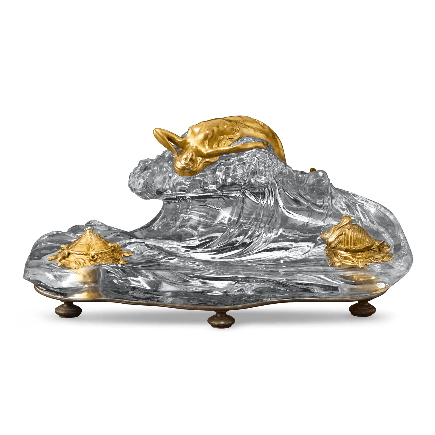 The crashing wave of this outstanding inkwell is carved Baccarat crystal