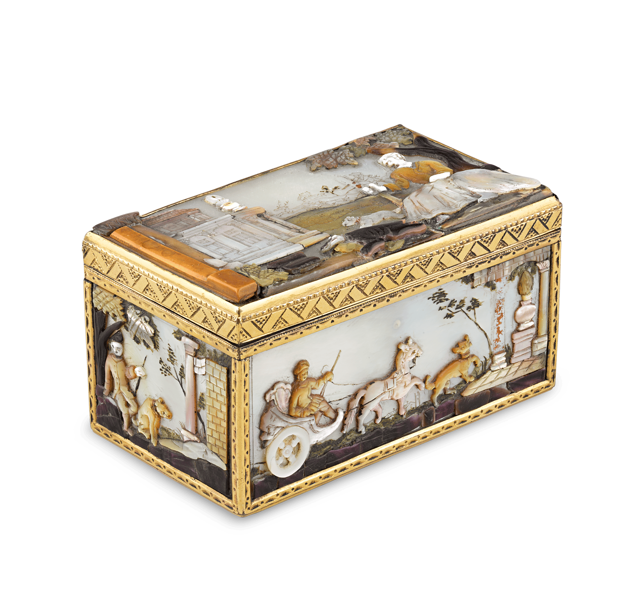 Inlays of multi-colored mother-of-pearl cover each side of this breathtaking German snuff box