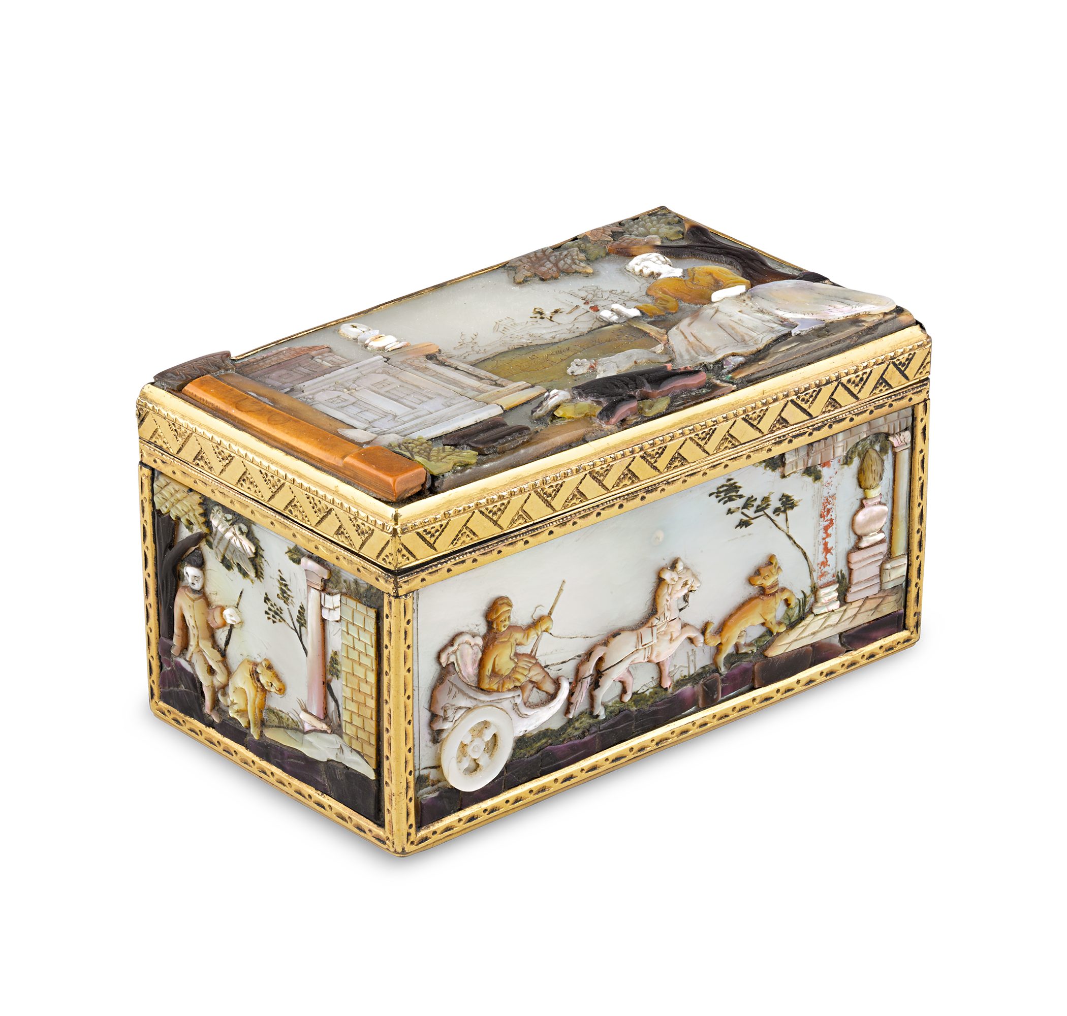 Inlays of multi-colored mother-of-pearl cover each side of this breathtaking German snuff box