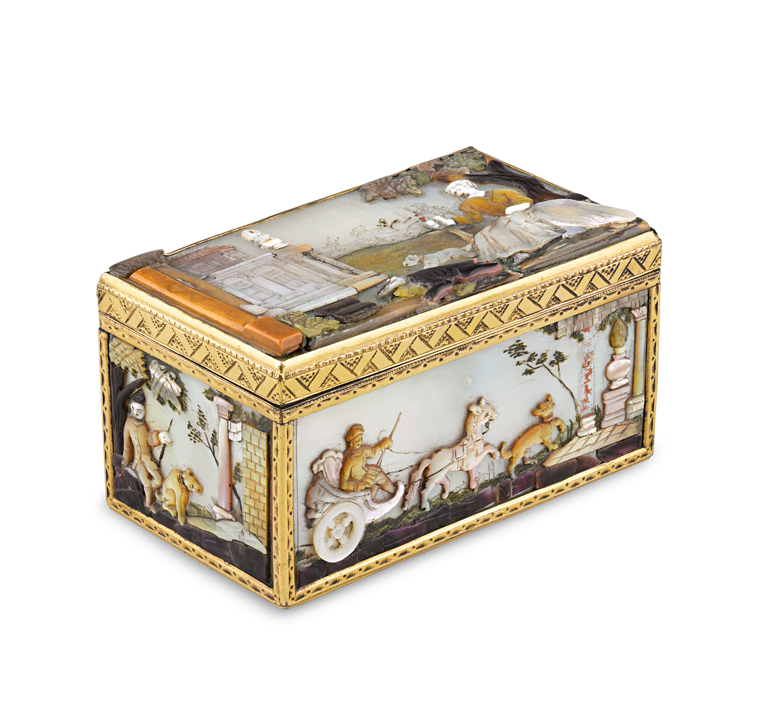 Inlays of multi-colored mother-of-pearl cover each side of this breathtaking German snuff box