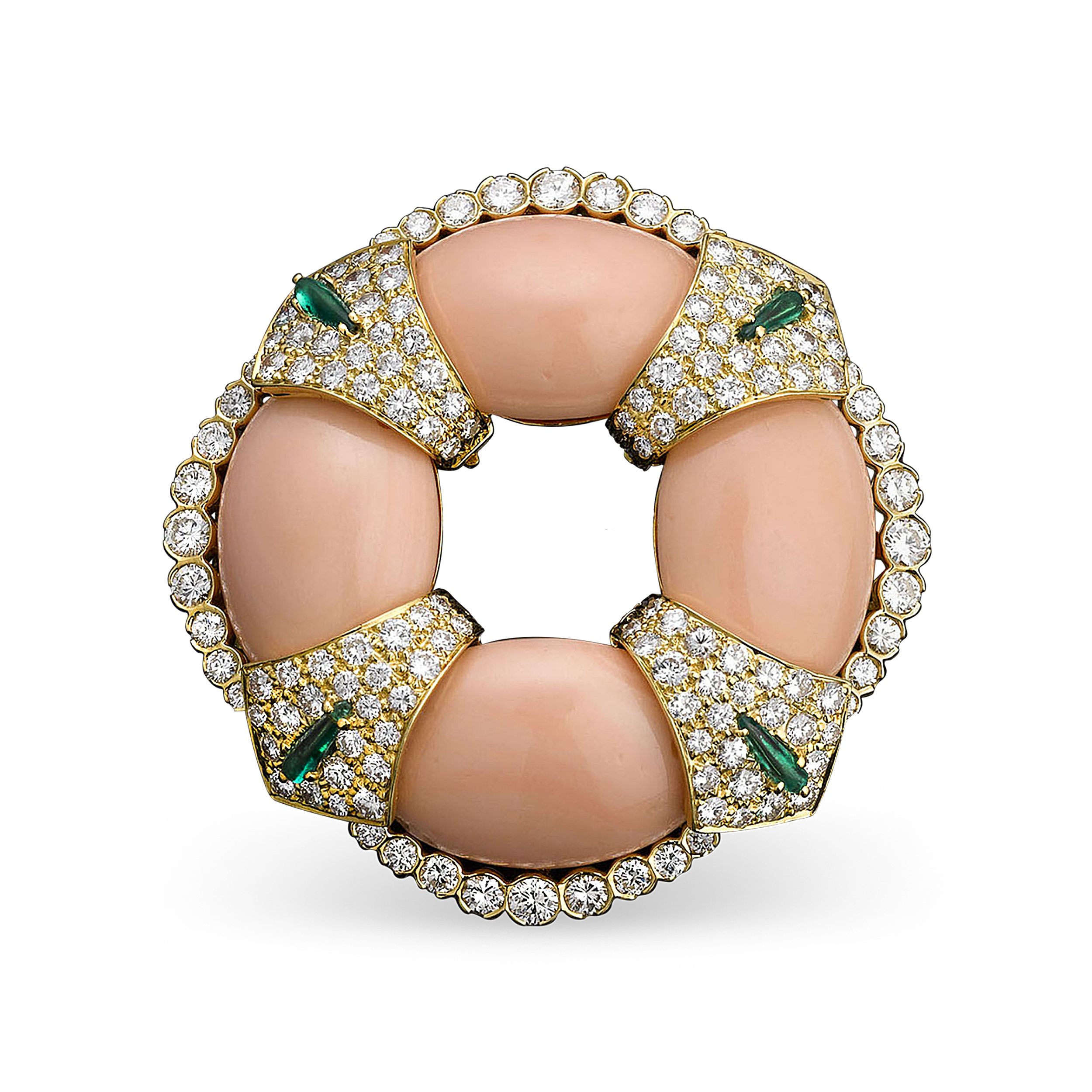 Angel skin coral, sparkling diamonds and bright emeralds comprise this elegant David Webb brooch