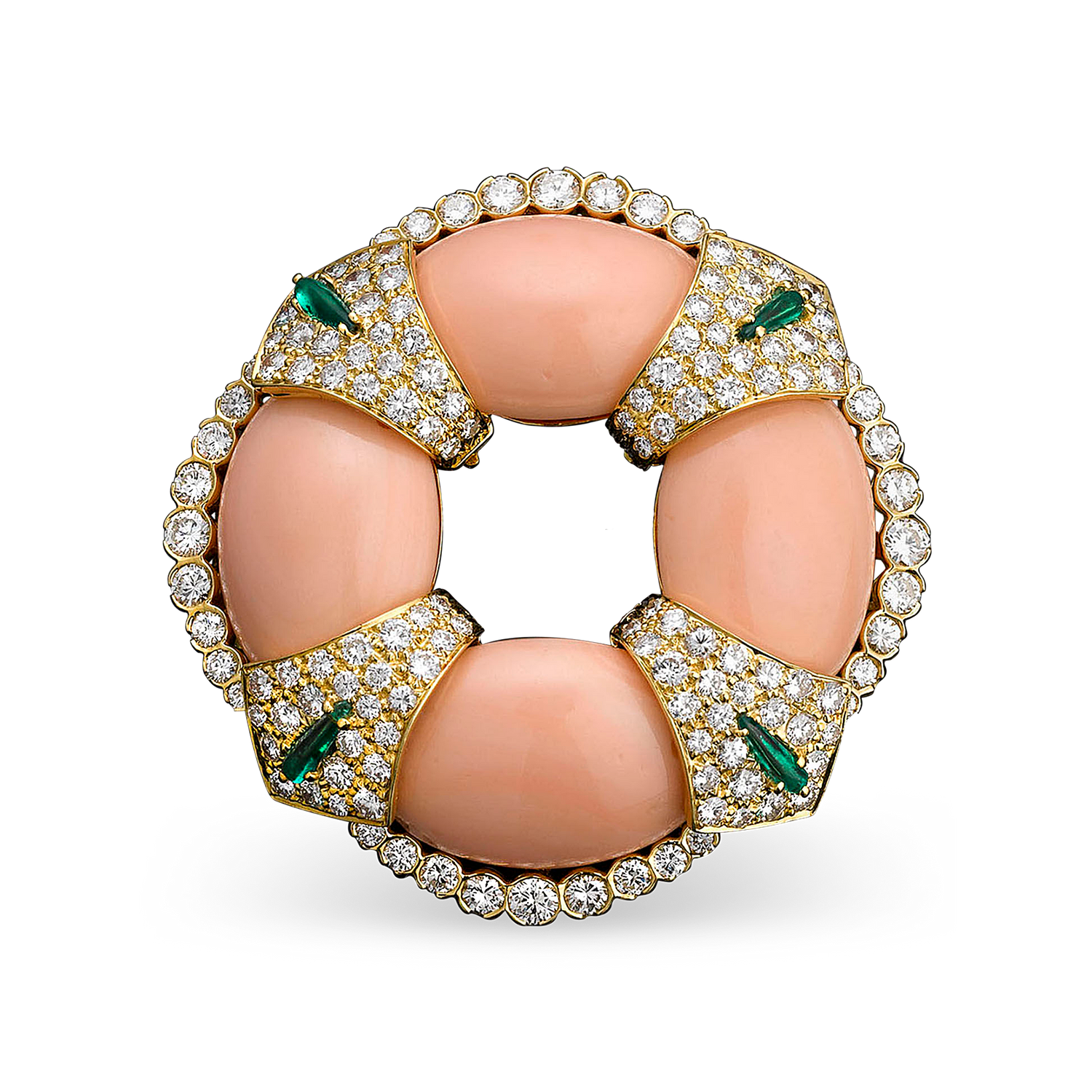 Angel skin coral, sparkling diamonds and bright emeralds comprise this elegant David Webb brooch