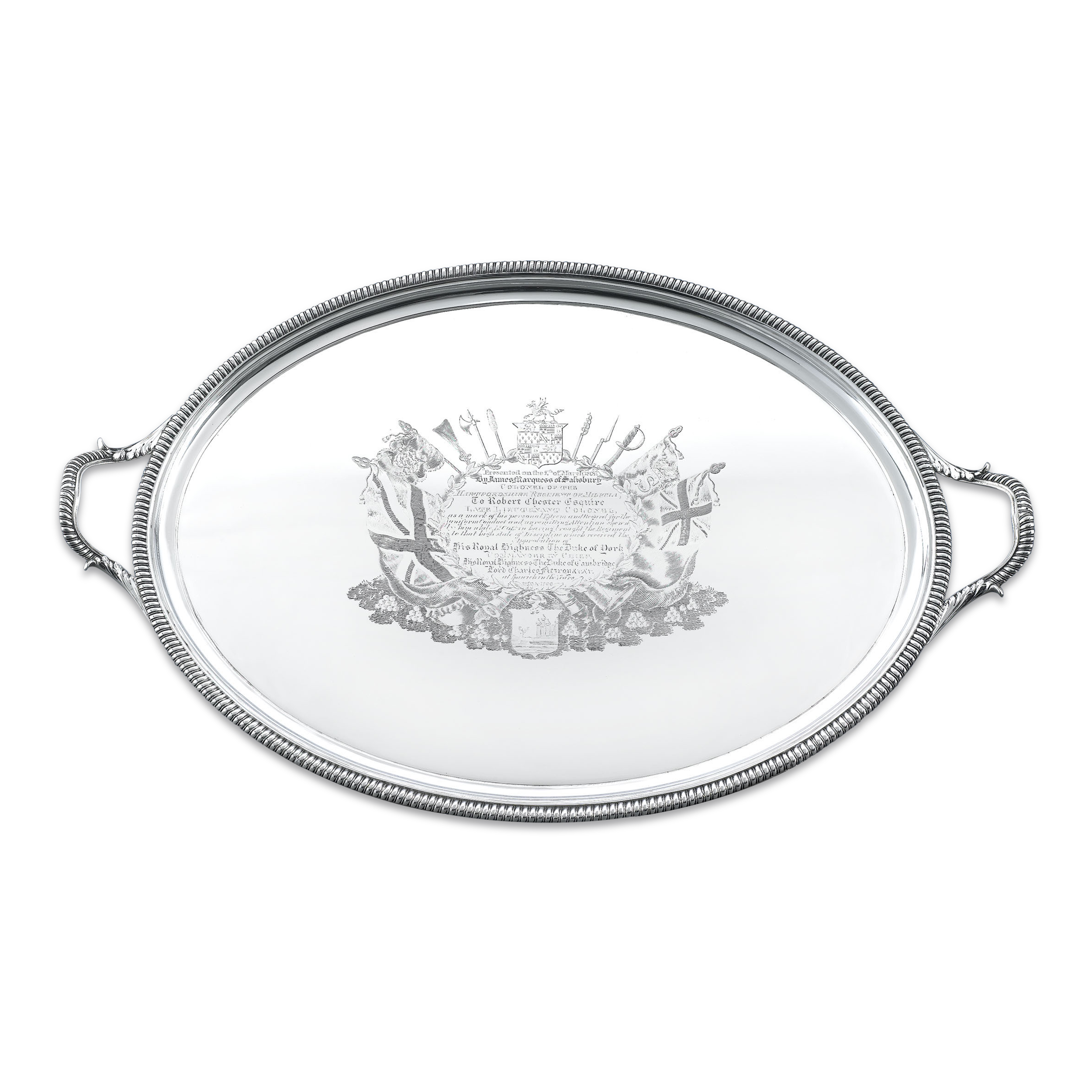 This George III silver tray is intricately chased and engraved and represents a prestigious gift