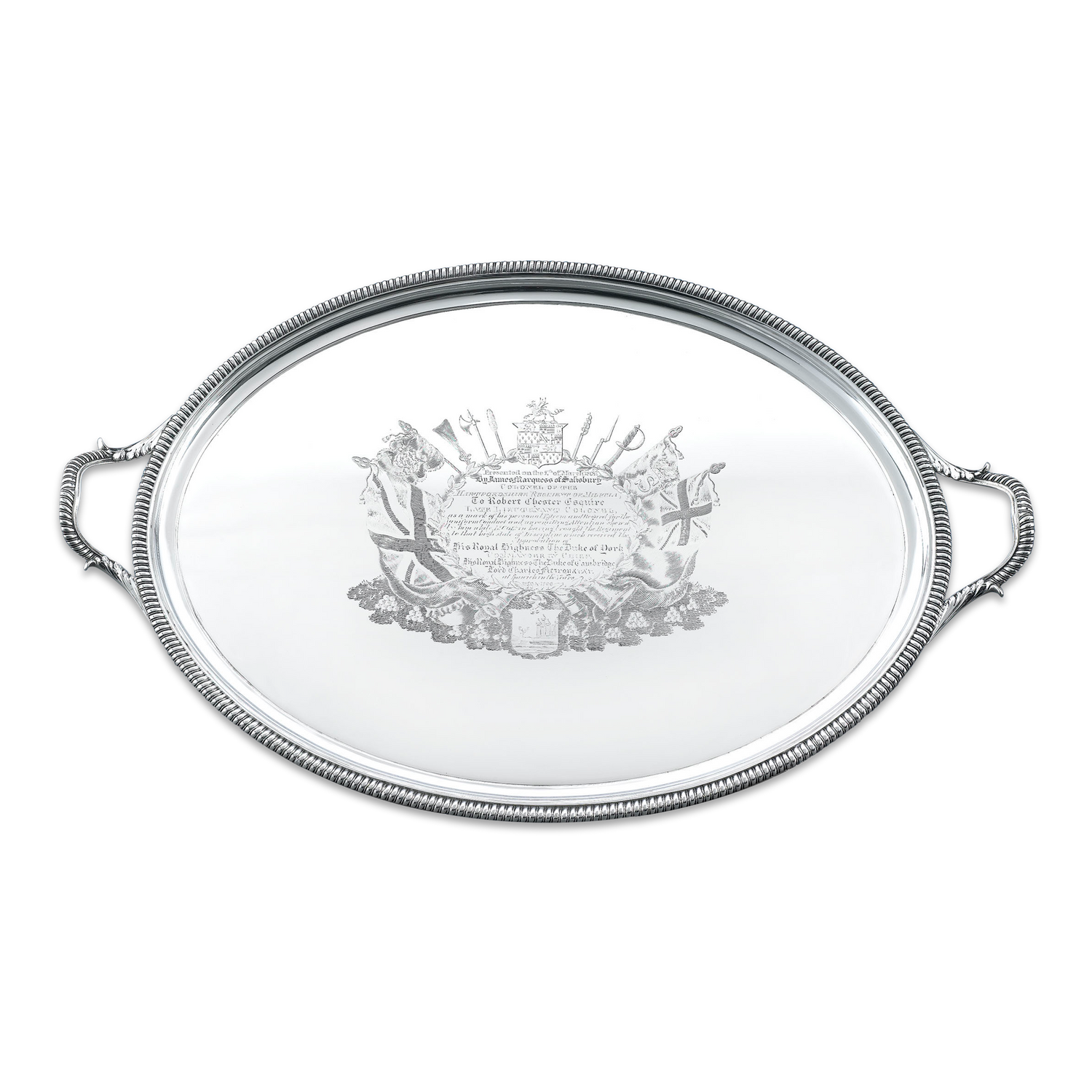 This George III silver tray is intricately chased and engraved and represents a prestigious gift