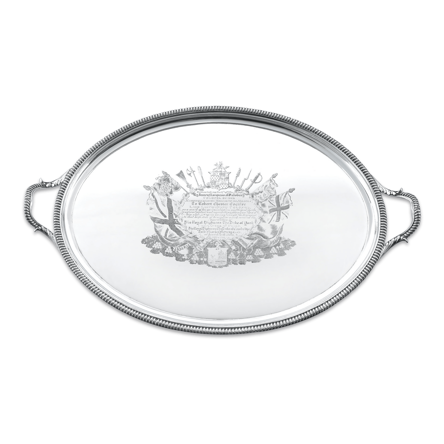 This George III silver tray is intricately chased and engraved and represents a prestigious gift