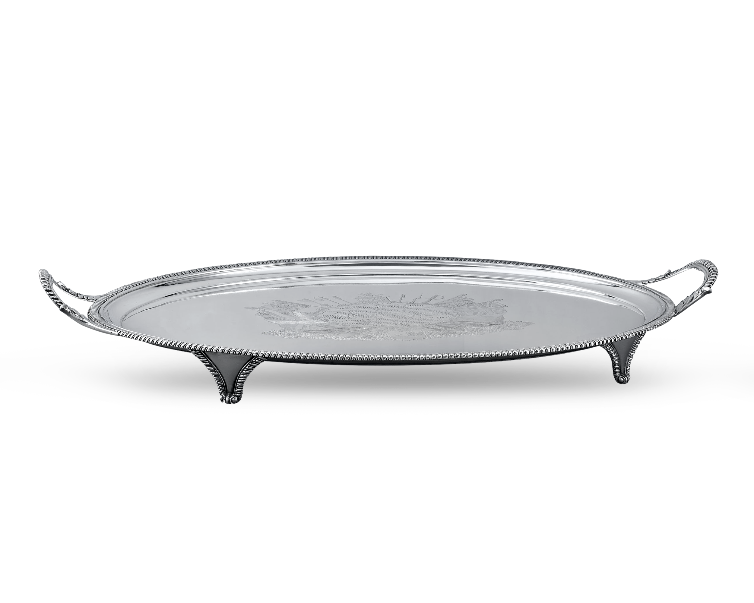 The tray rests on 4 bracket feet with oval handles and a delightful gadrooned border