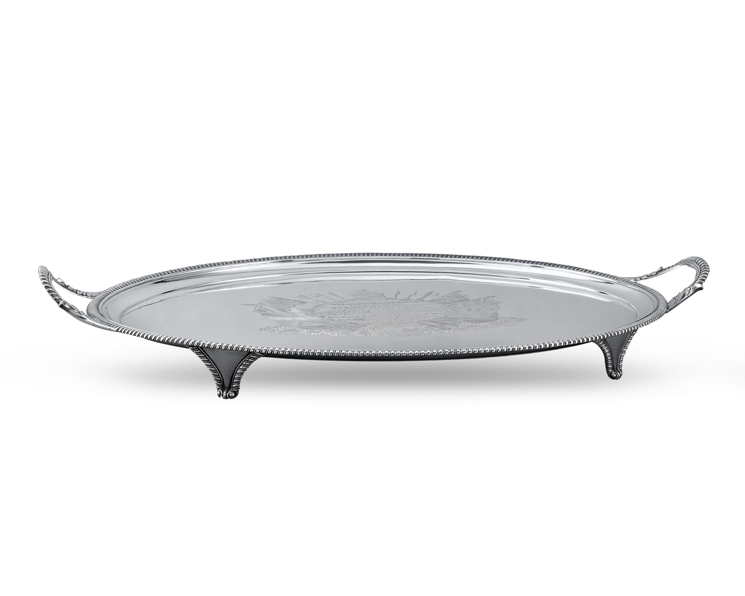 The tray rests on 4 bracket feet with oval handles and a delightful gadrooned border