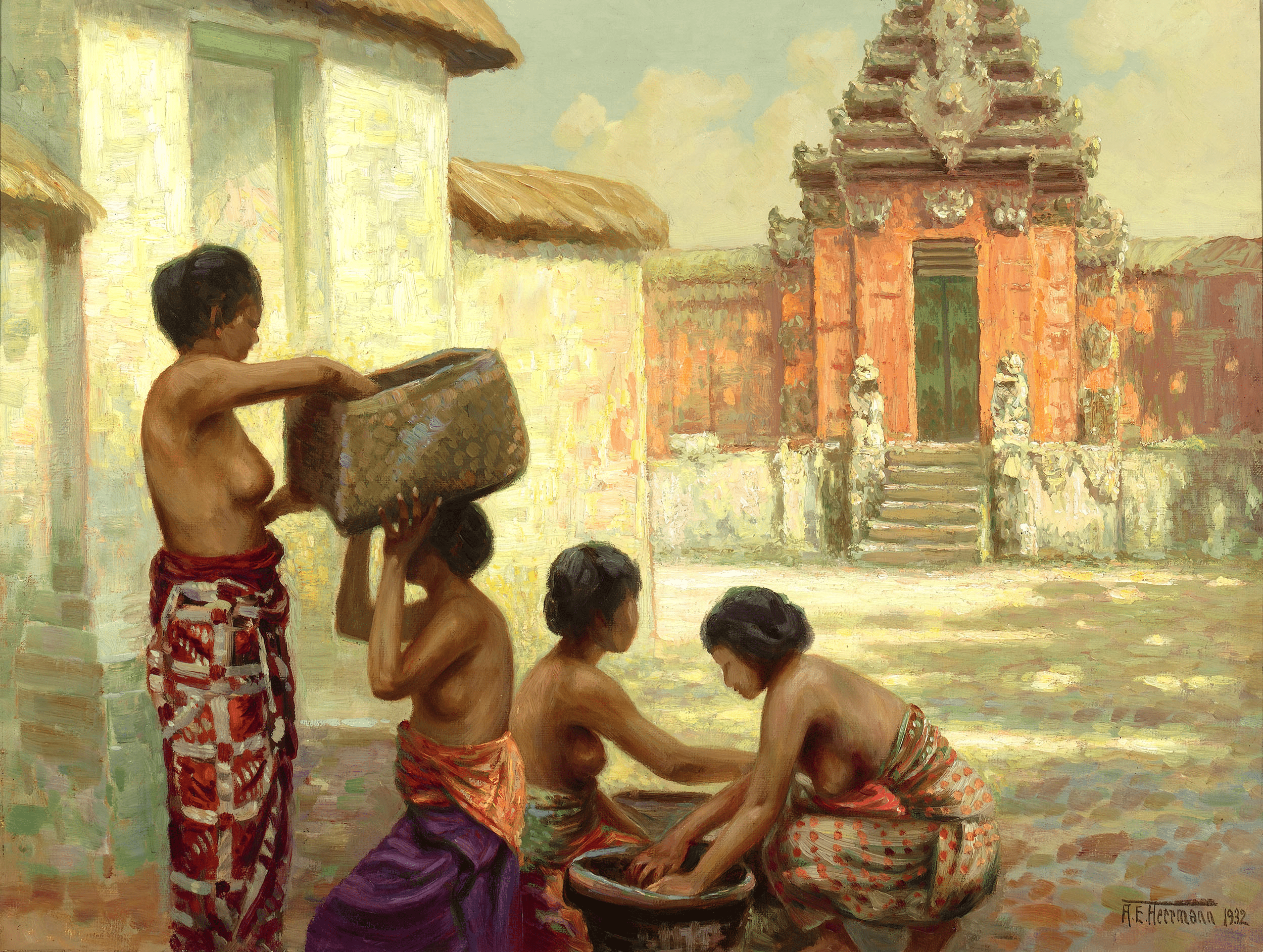 This enchanting work by Dutch artist, A.E. Herrmann depicts an exotic scene in Bali