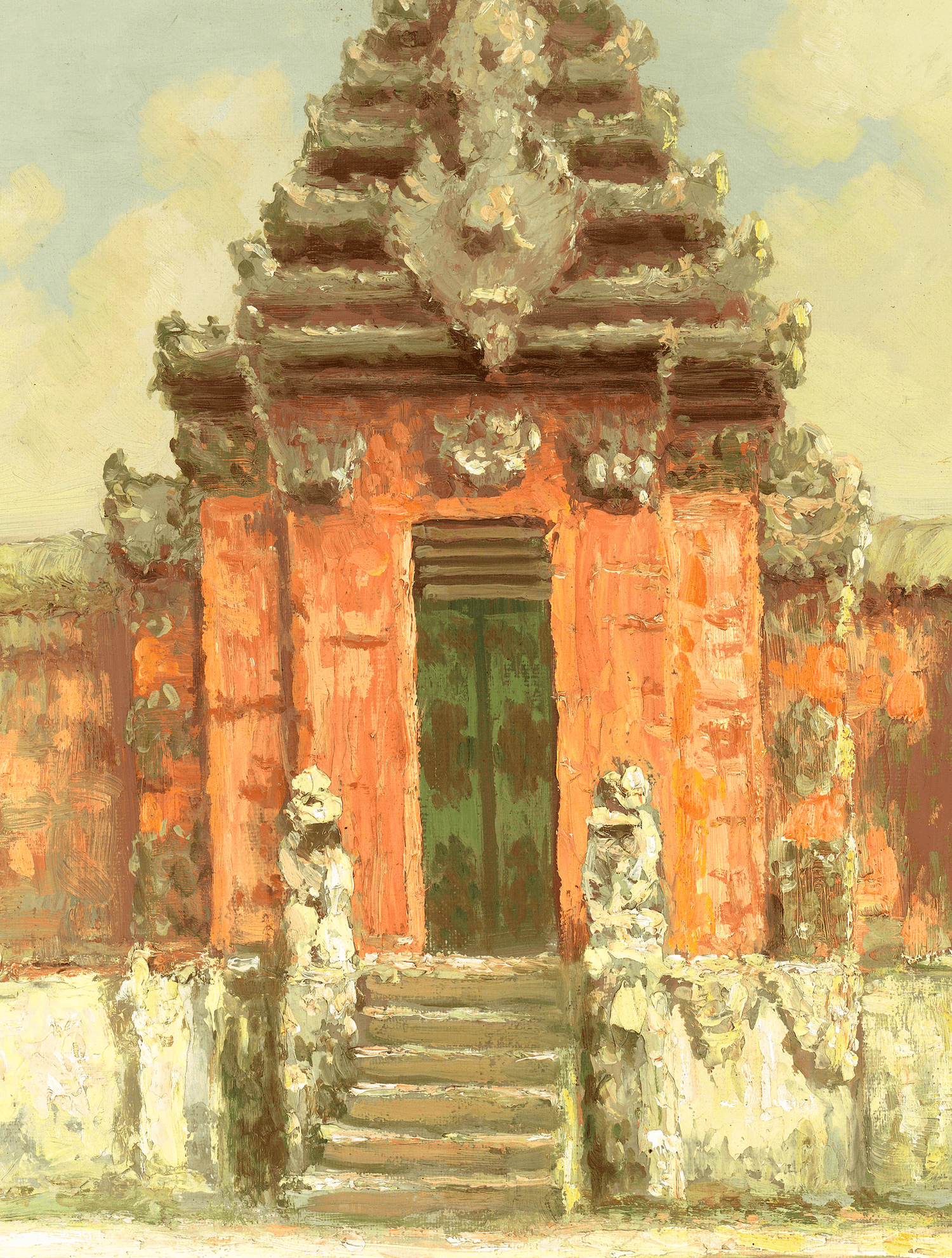 The stunning melon-hued temple becomes a focus in the painting and evokes a mesmerizing scene