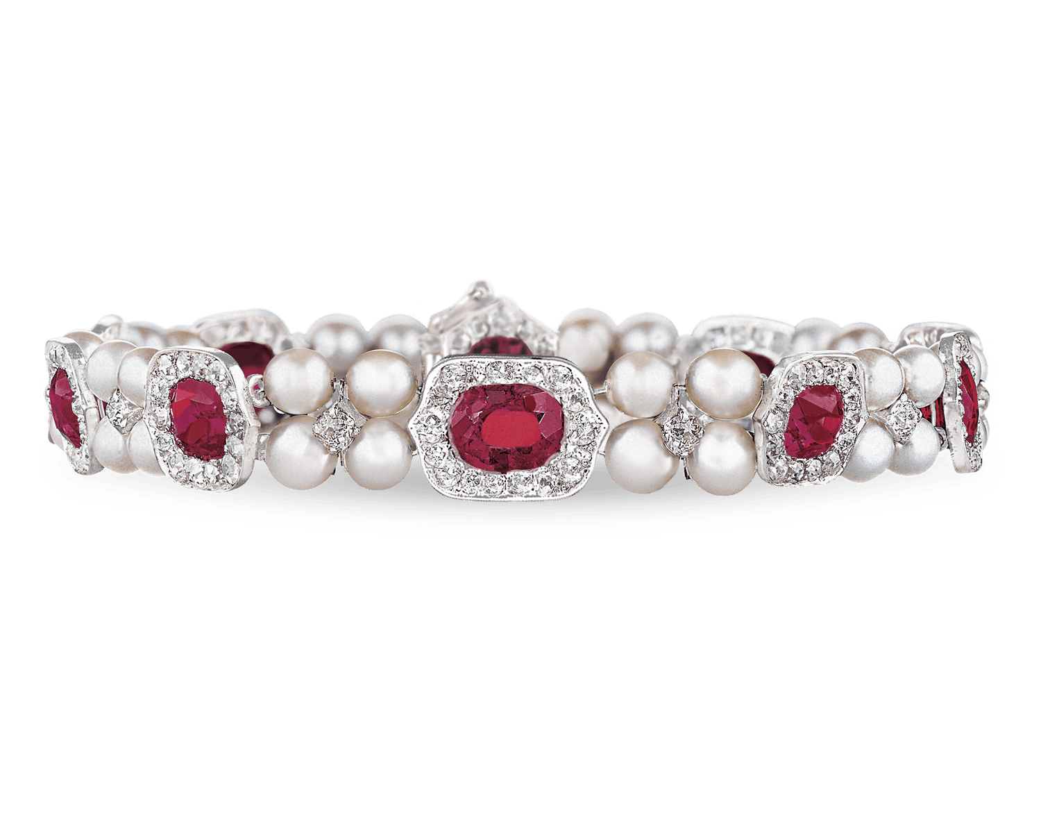Ten untreated Burma rubies showcase their perfect pigeon-blood hue in this bracelet