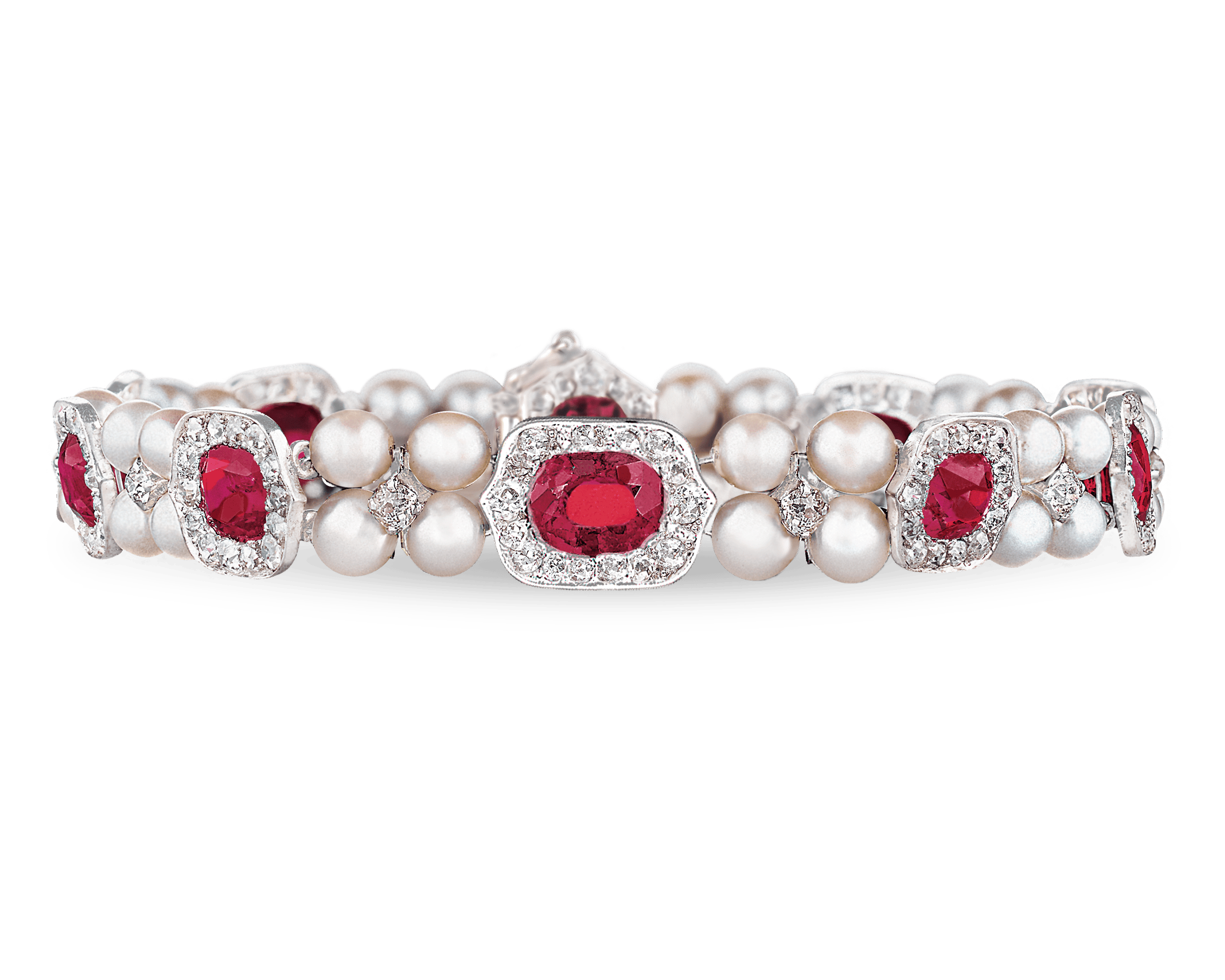 Ten untreated Burma rubies showcase their perfect pigeon-blood hue in this bracelet