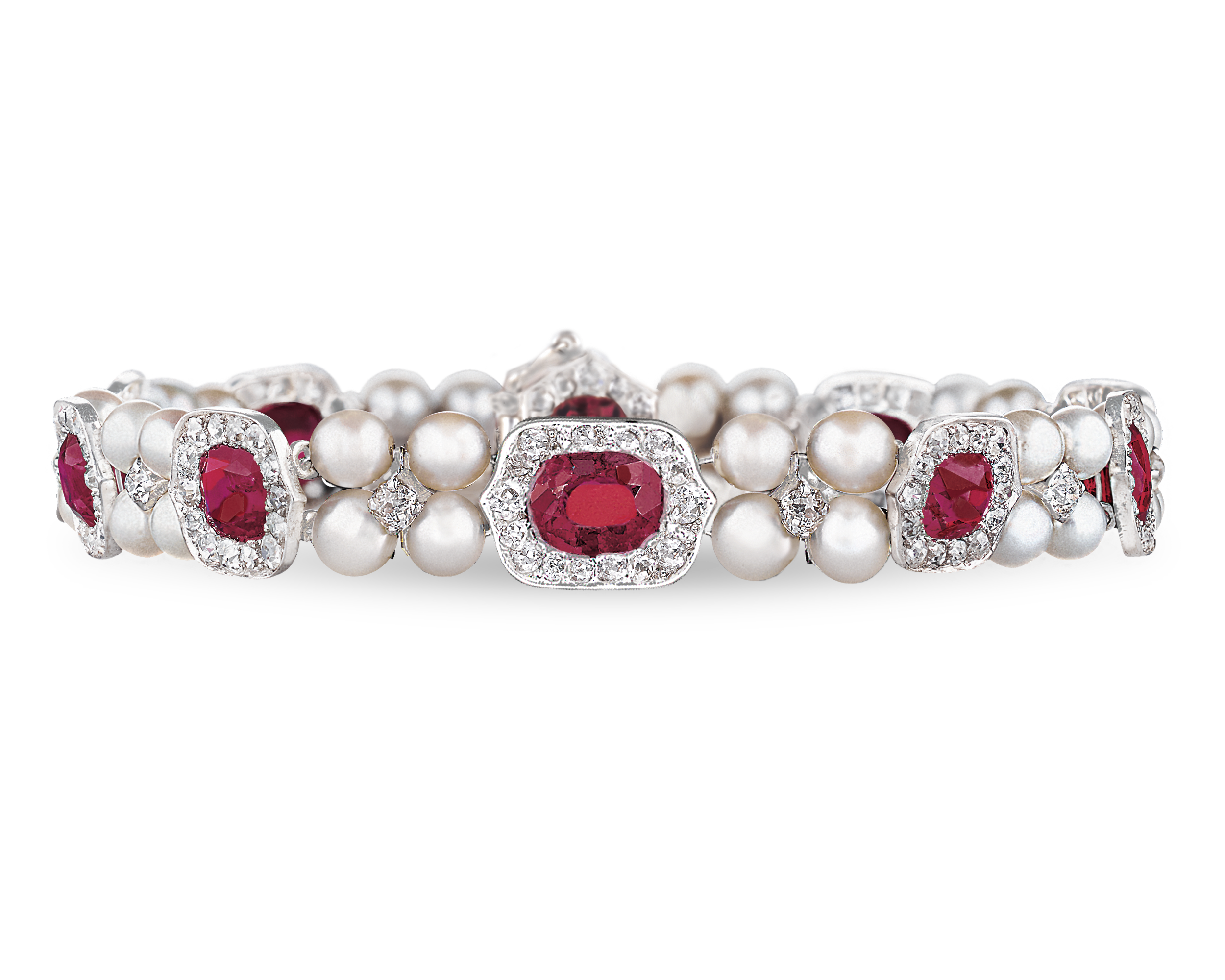 Ten untreated Burma rubies showcase their perfect pigeon-blood hue in this bracelet