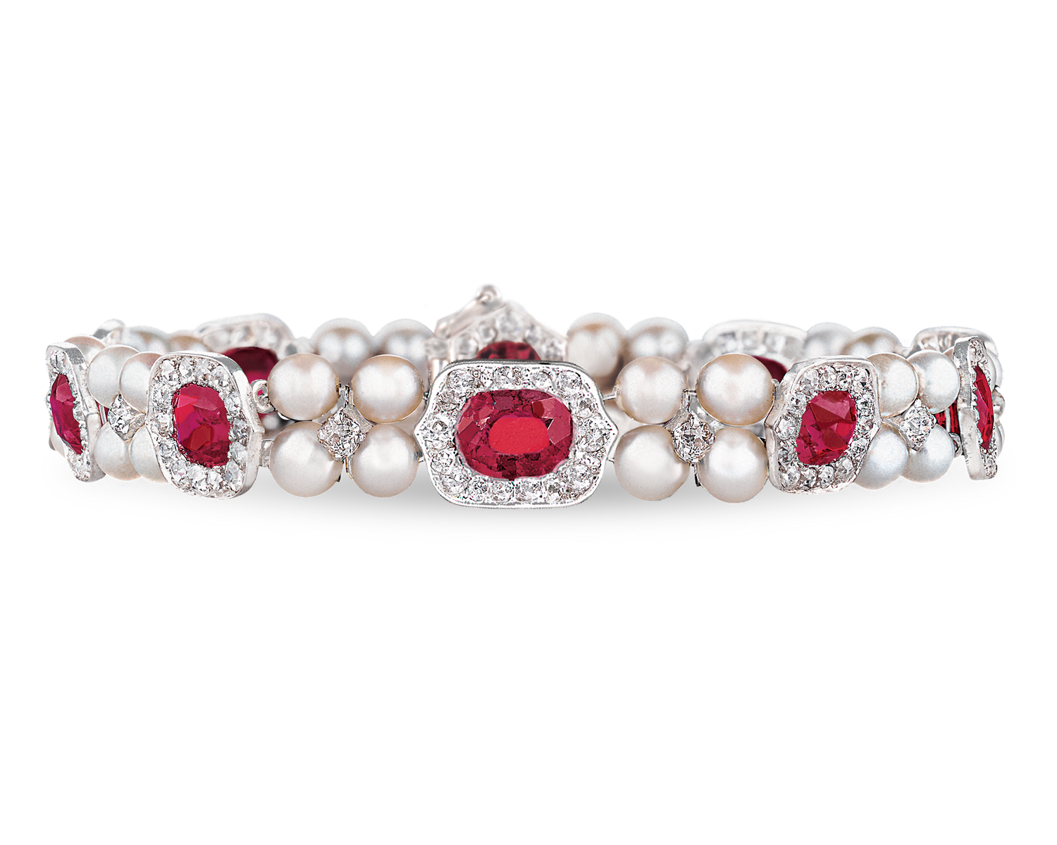 Ten untreated Burma rubies showcase their perfect pigeon-blood hue in this bracelet