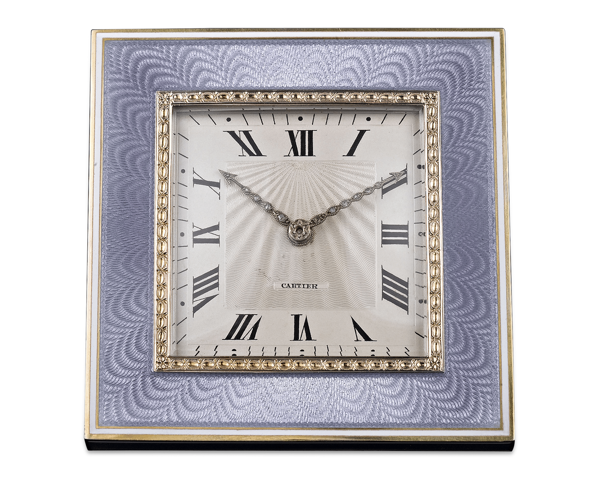 Soft blue guilloché enamel distinguishes this Art Deco-period Cartier desk clock