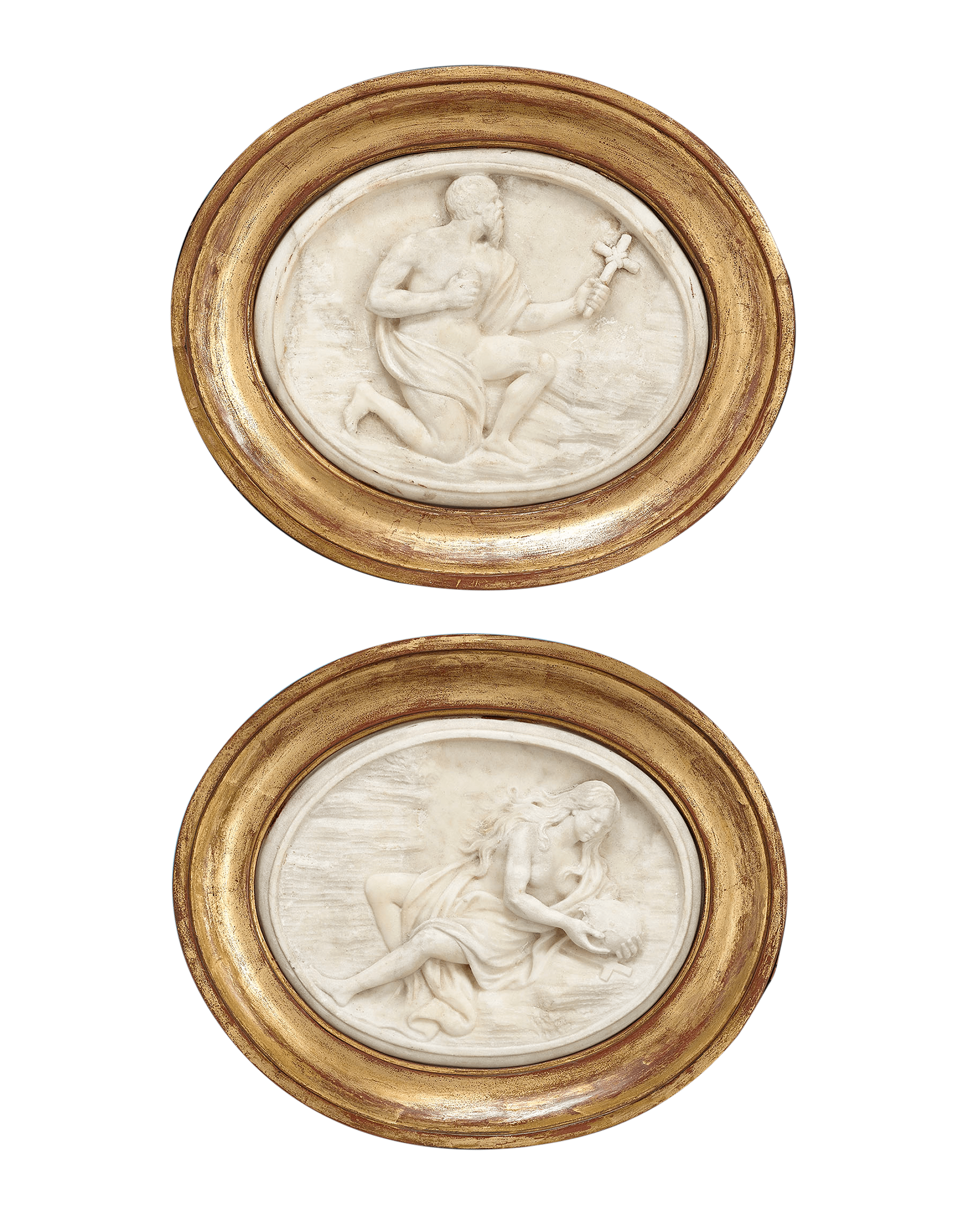 These remarkable marble carved plaques depict St. Jerome and Mary Magdalene