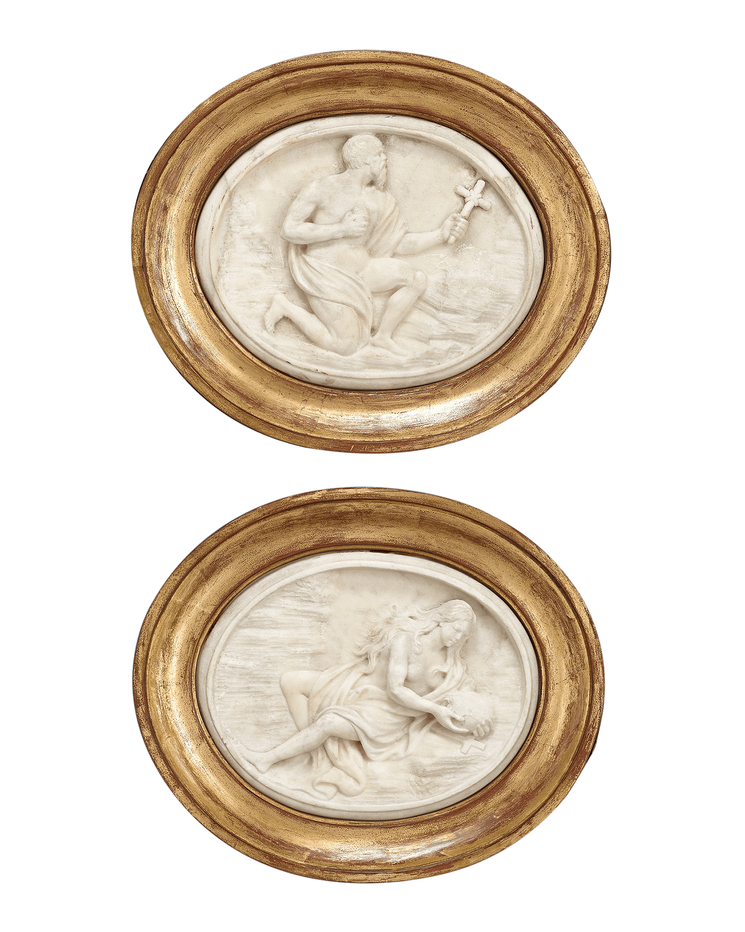 These remarkable marble carved plaques depict St. Jerome and Mary Magdalene