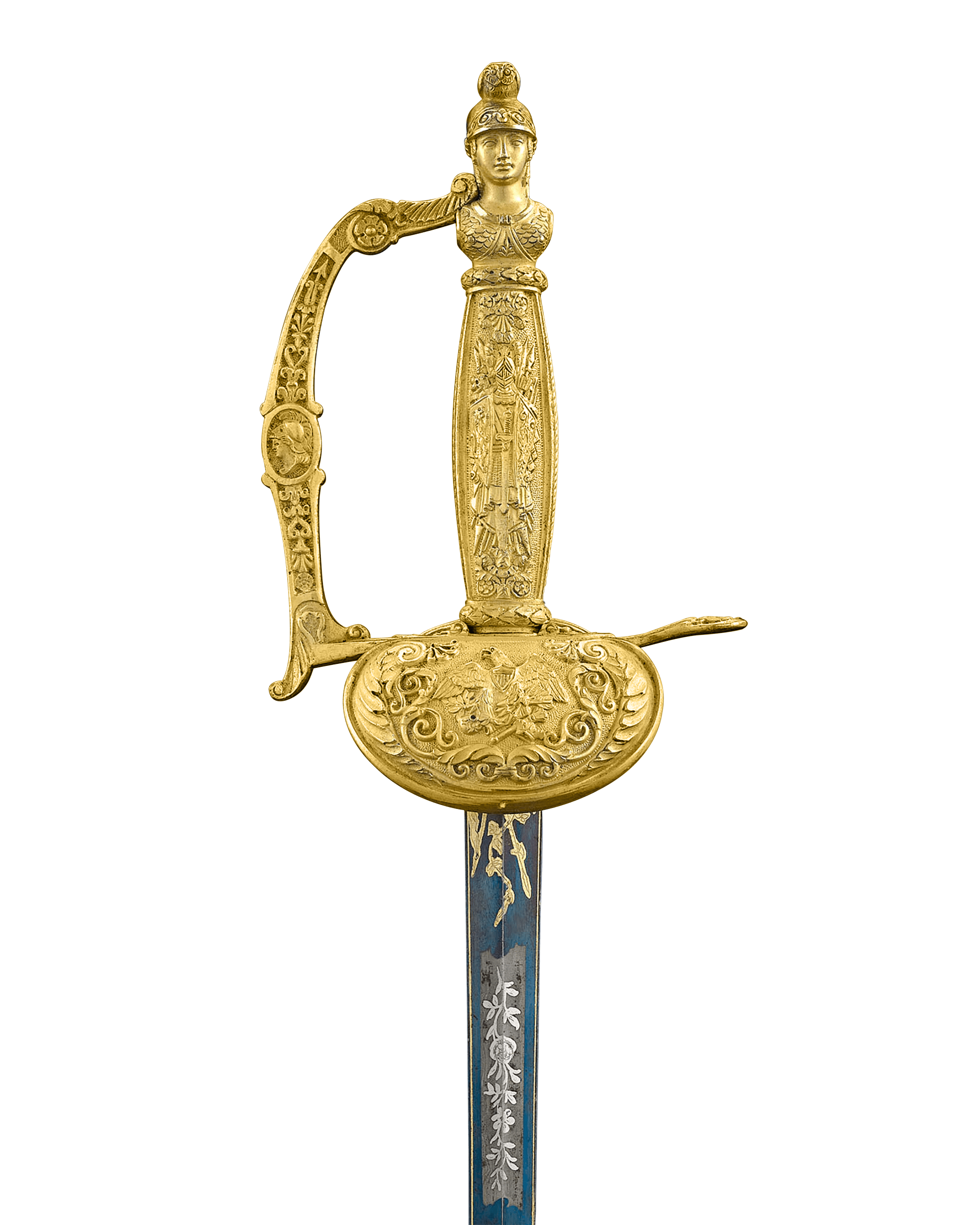 The figure of Athena, the Greek goddess of war, forms the pommel