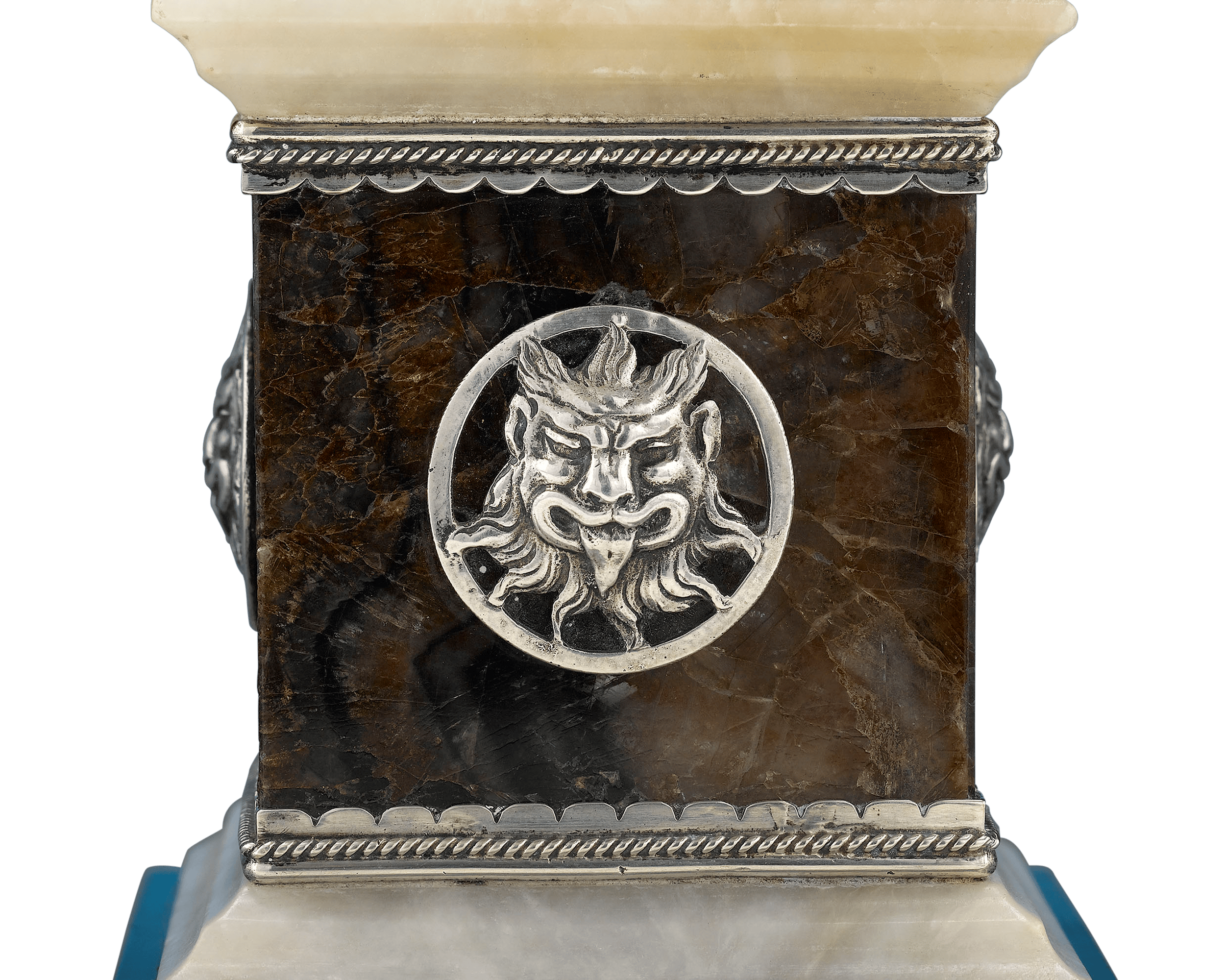 The exceptional piece is adorned with masterfully crafted silver mountings