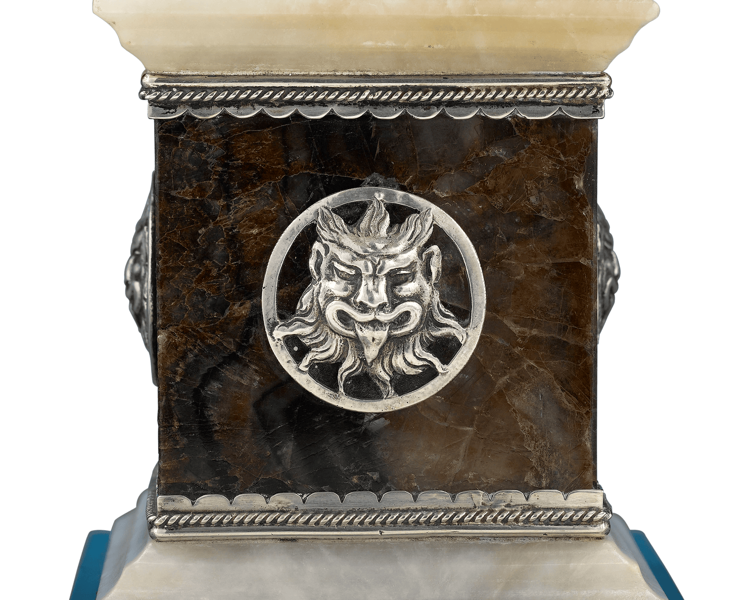 The exceptional piece is adorned with masterfully crafted silver mountings