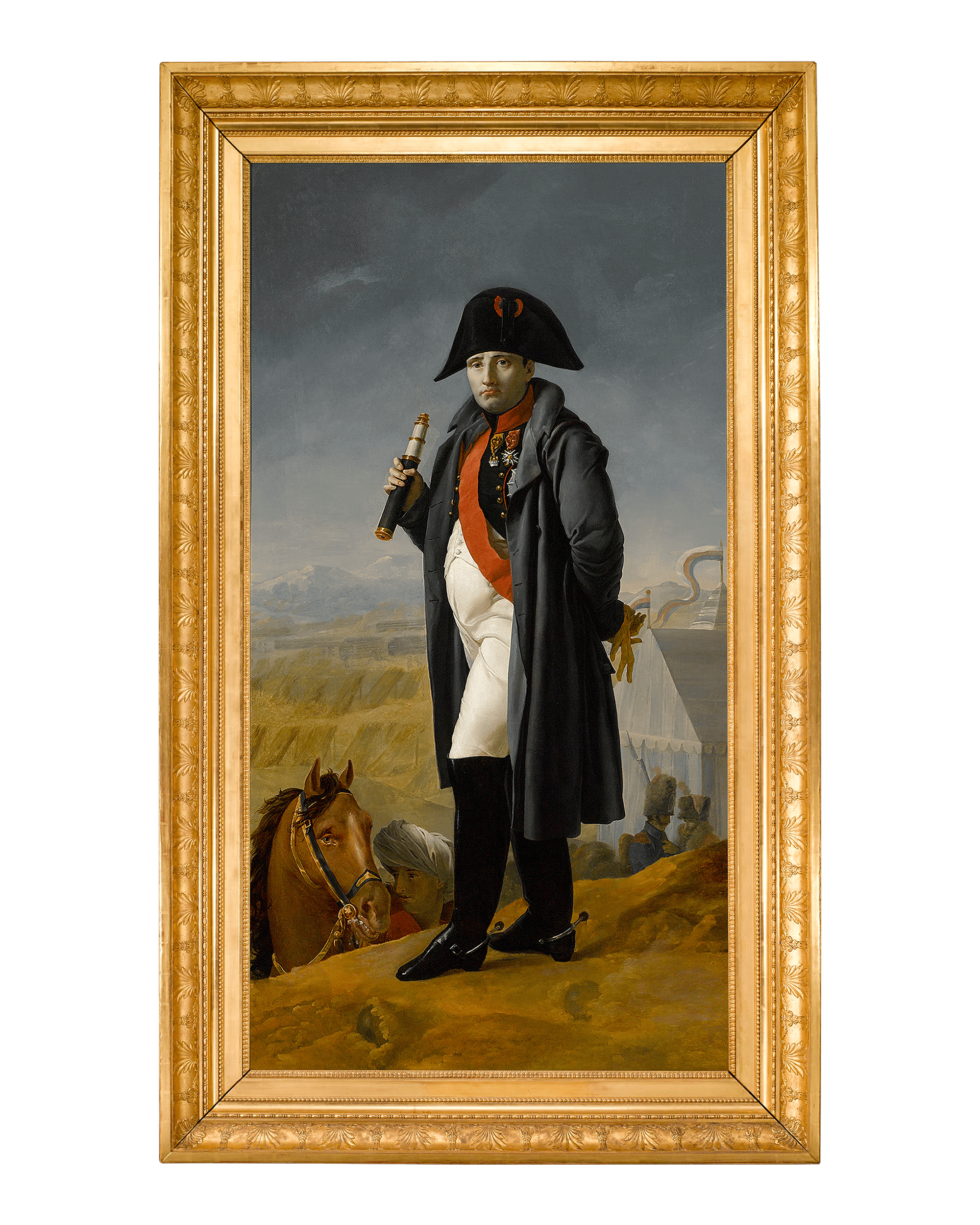 Clothed in his military regalia, the emperor is depicted in a regal pose before the Battle of Moscow