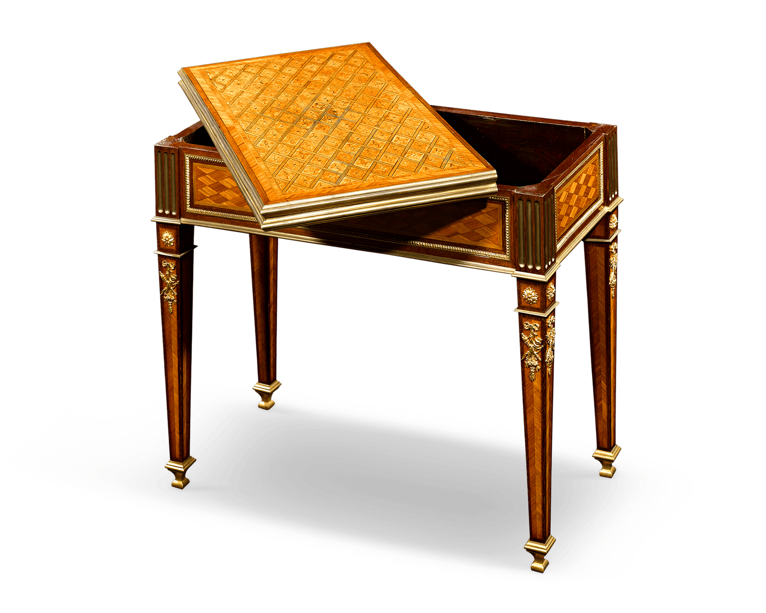 When closed, the top swivels 90 degrees atop the frieze in order to open