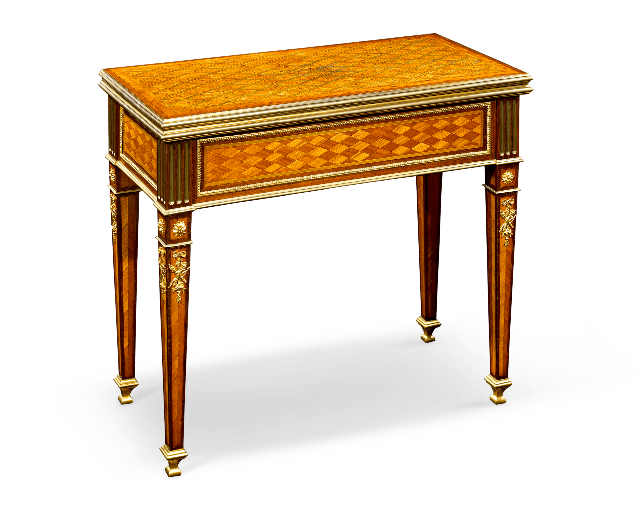 Wonderful 18th-century style trellis, diamond and foliate patterned marquetry covers this fine table
