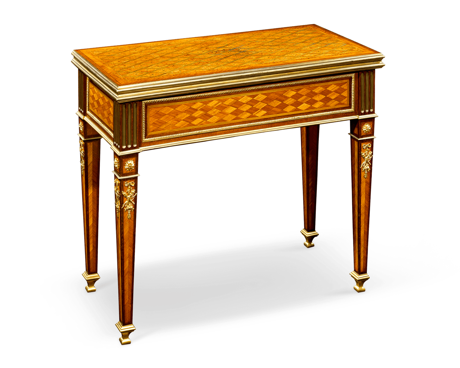 Wonderful 18th-century style trellis, diamond and foliate patterned marquetry covers this fine table