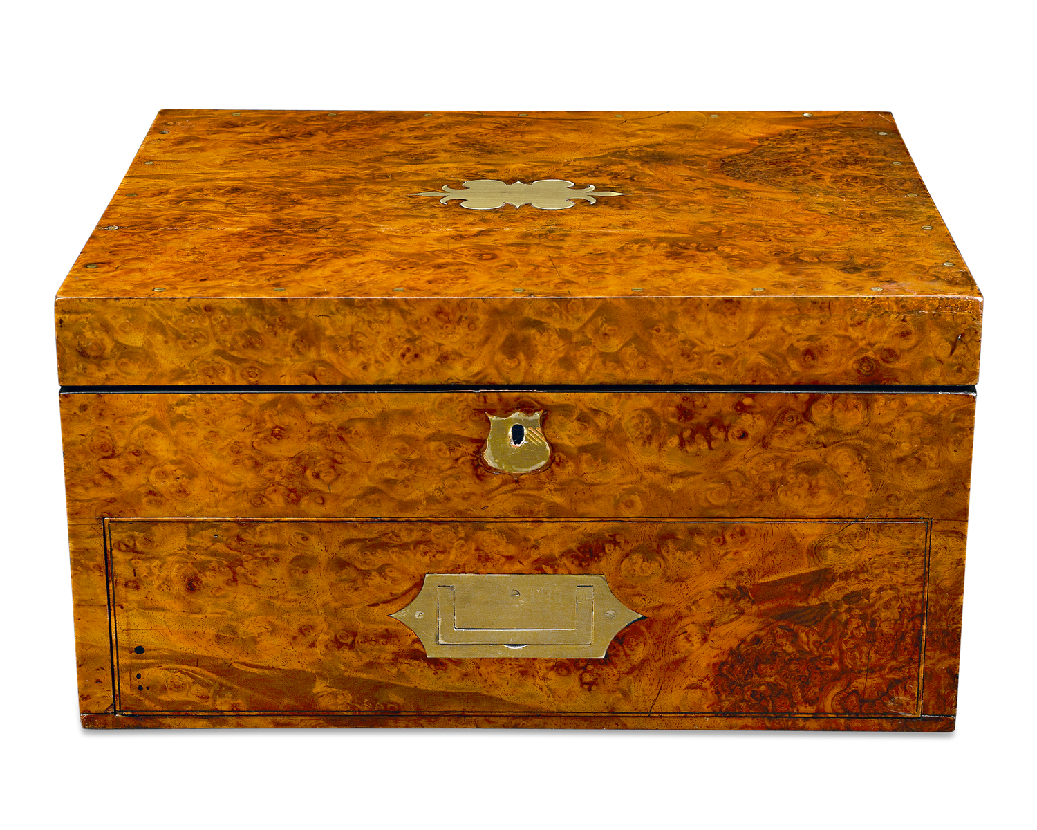 The case is crafted of burl walnut with flushed brass fittings