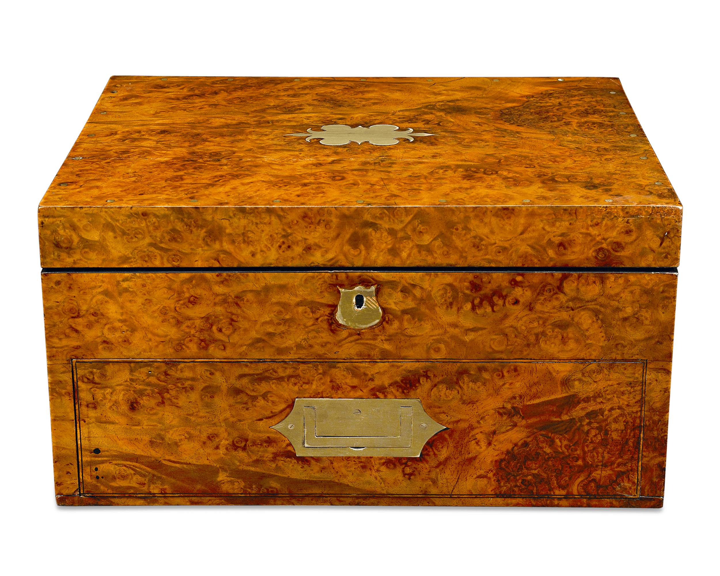 The case is crafted of burl walnut with flushed brass fittings