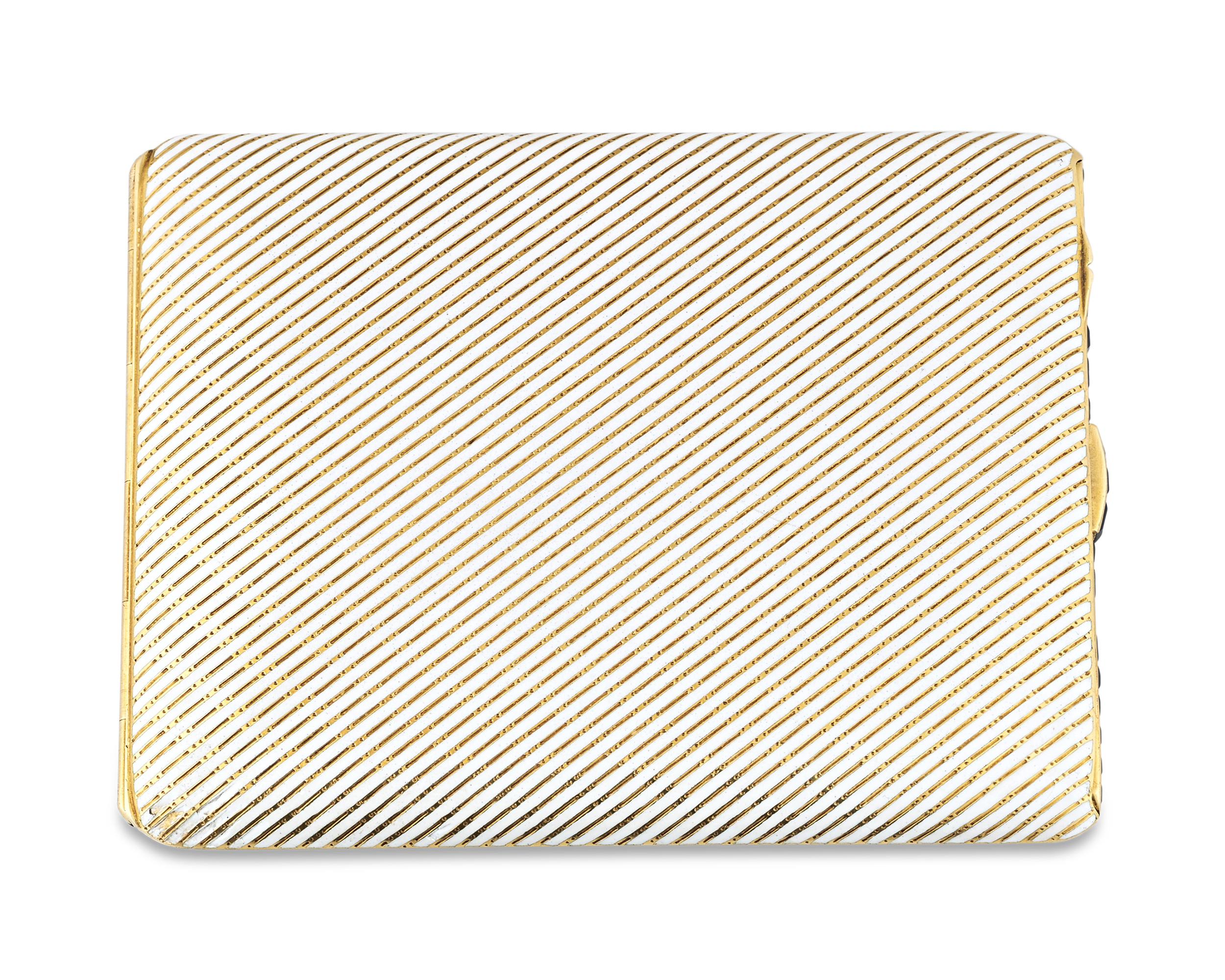 The case is crafted of 18K yellow gold with white "pinstripe" enameling