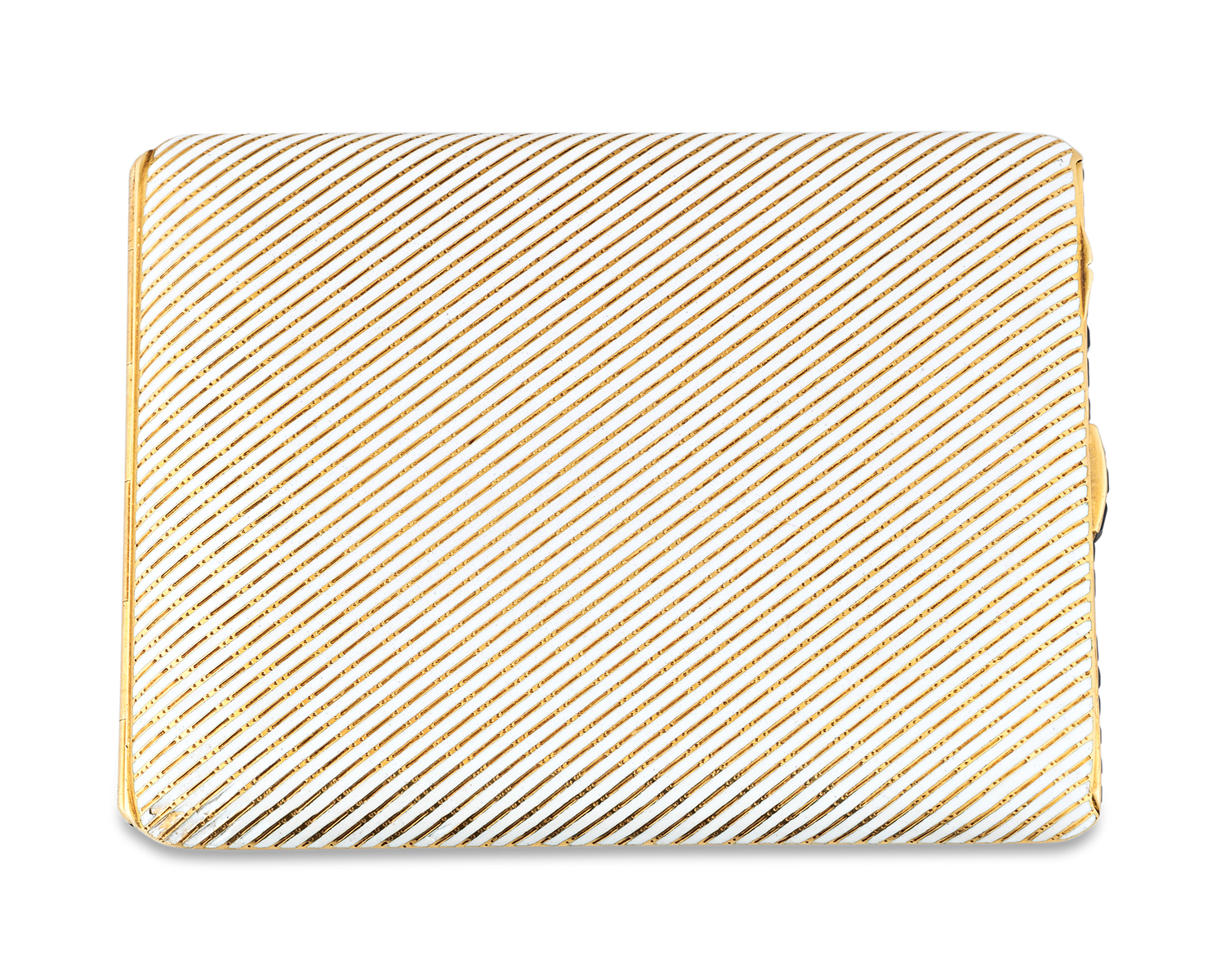 The case is crafted of 18K yellow gold with white "pinstripe" enameling