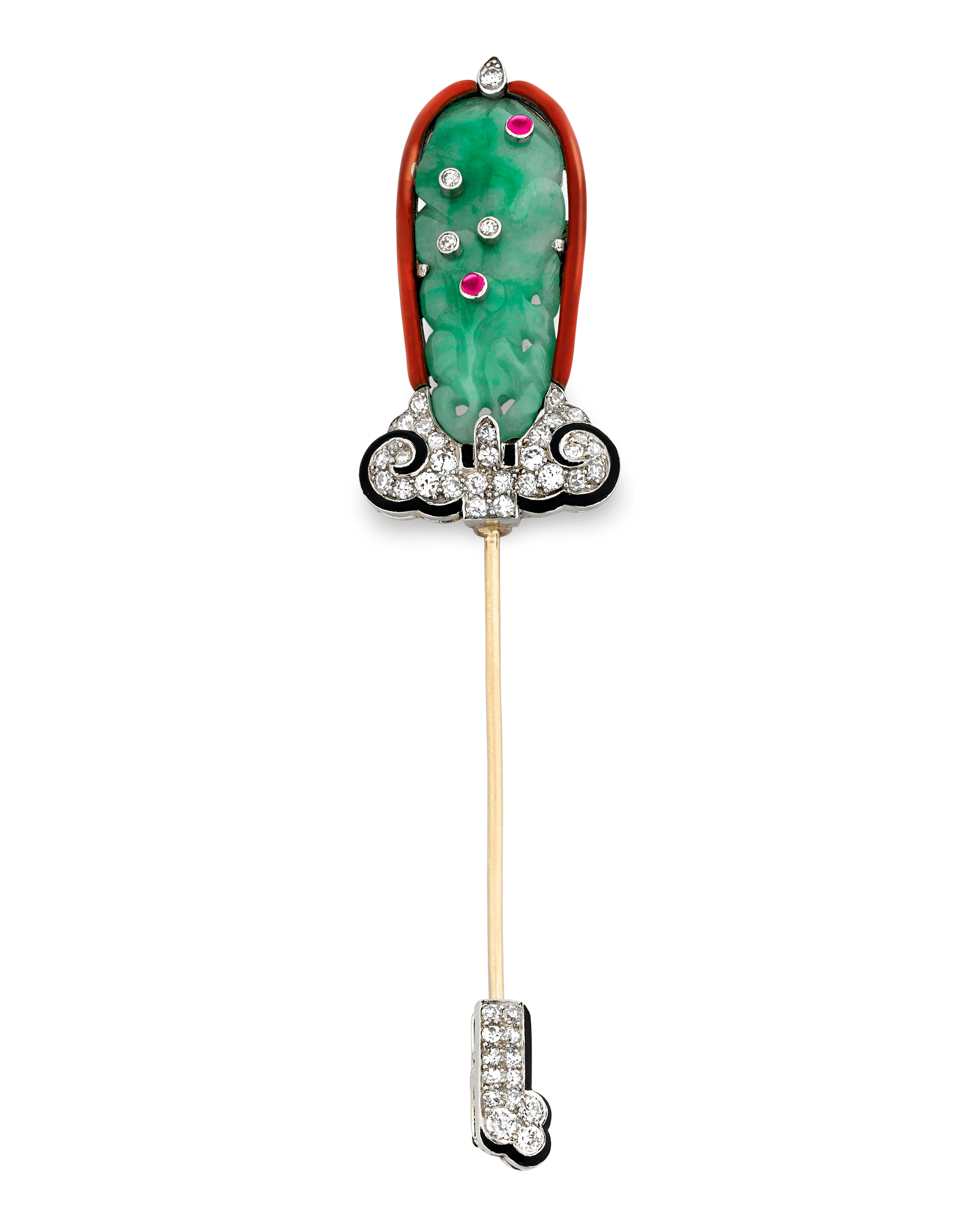 This exquisite jade jabot pin by Cartier epitomizes Art Deco era sophistication