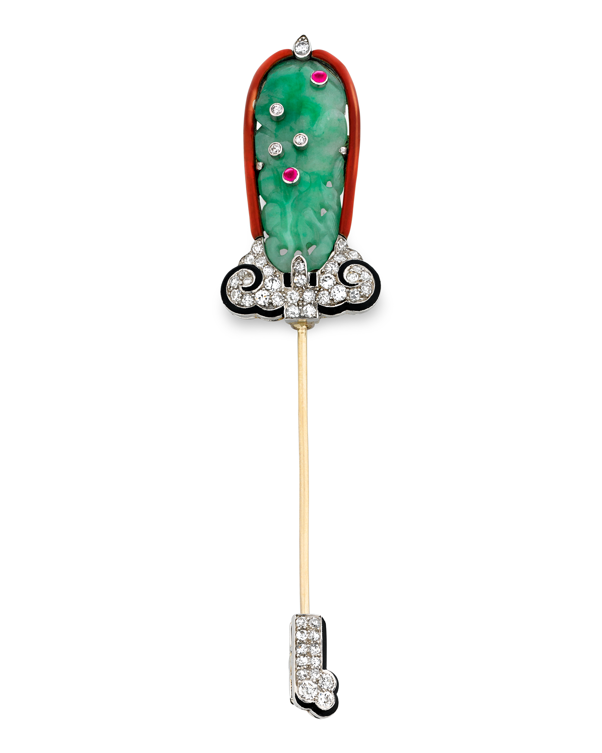 This exquisite jade jabot pin by Cartier epitomizes Art Deco era sophistication