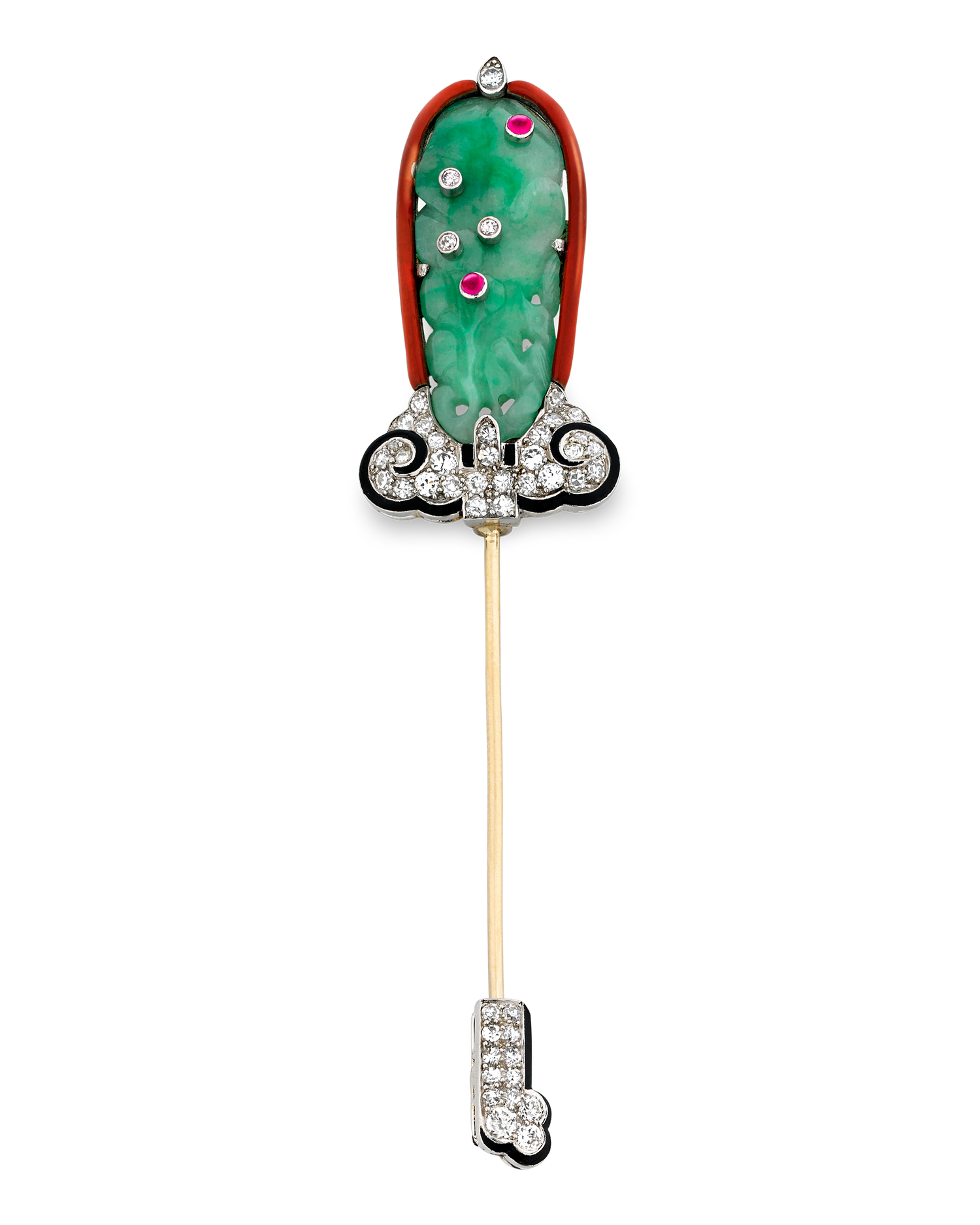 This exquisite jade jabot pin by Cartier epitomizes Art Deco era sophistication