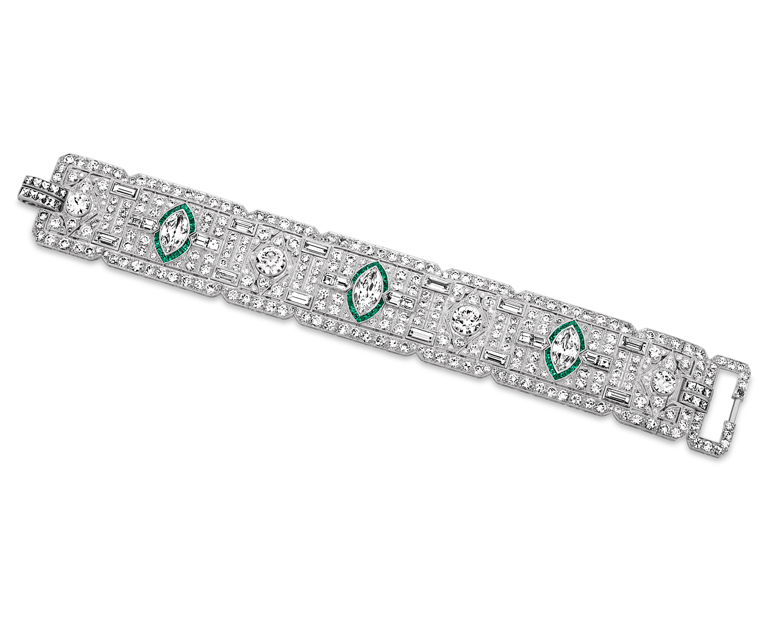 Art Deco Diamond and Emerald Bracelet, 40.00 Carats