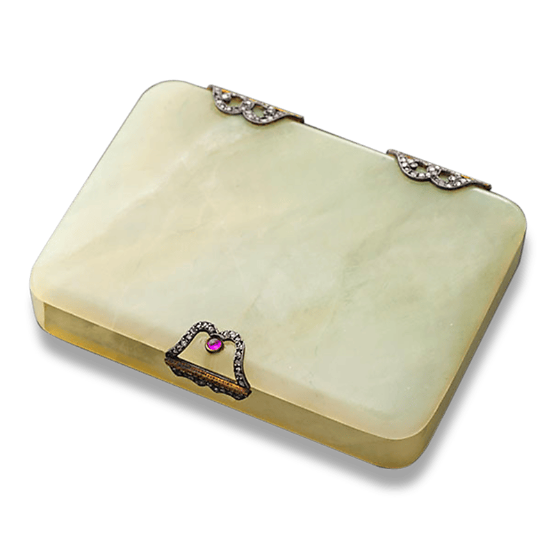 Carved Bowenite, Ruby and Diamond Box