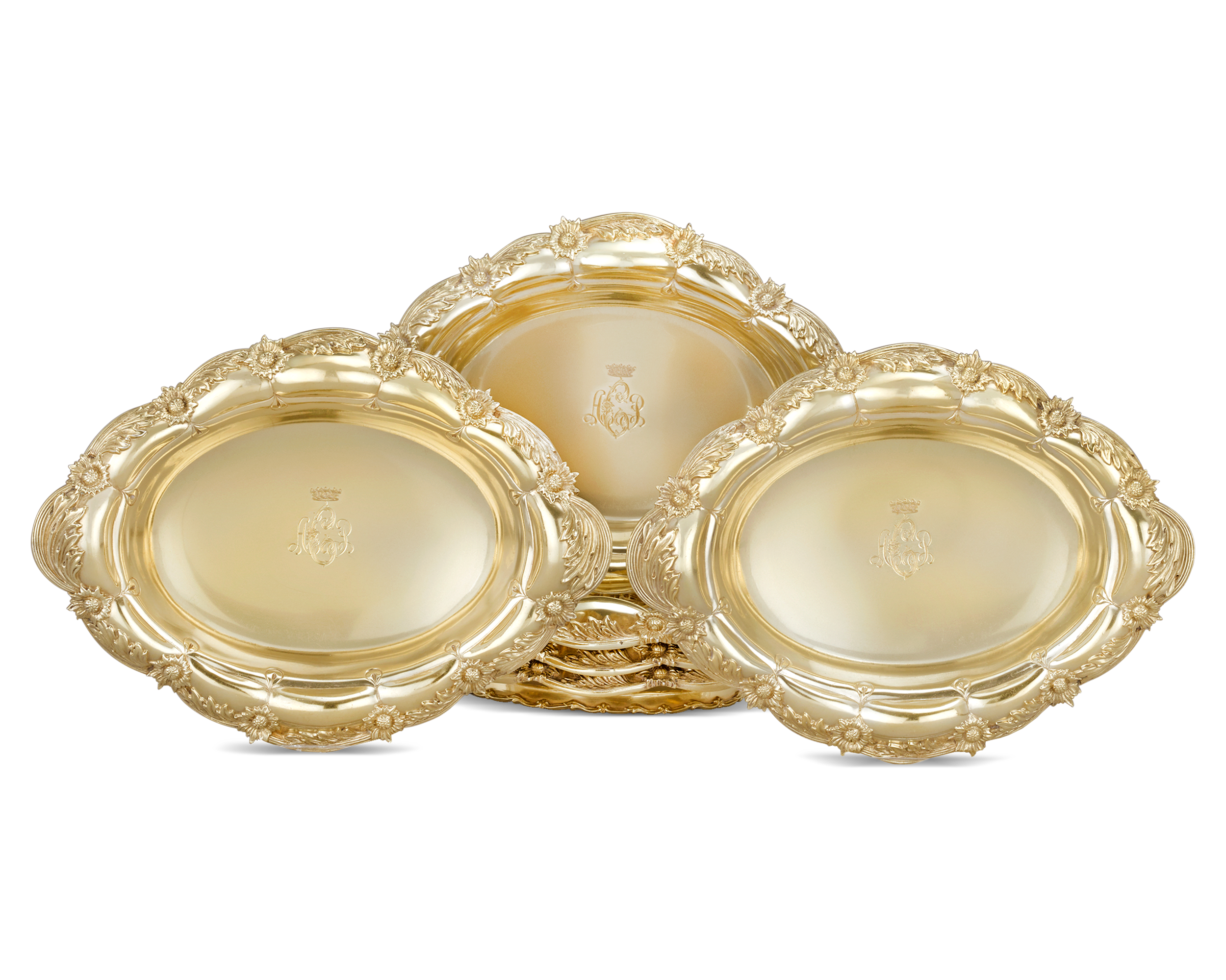 Tiffany & Co. Chrysanthemum Silver Gilt Oval Bowls, Set of 6