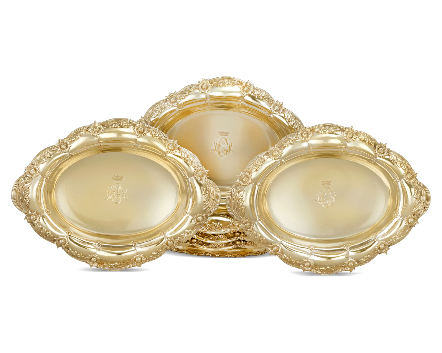 Tiffany & Co. Chrysanthemum Silver Gilt Oval Bowls, Set of 6