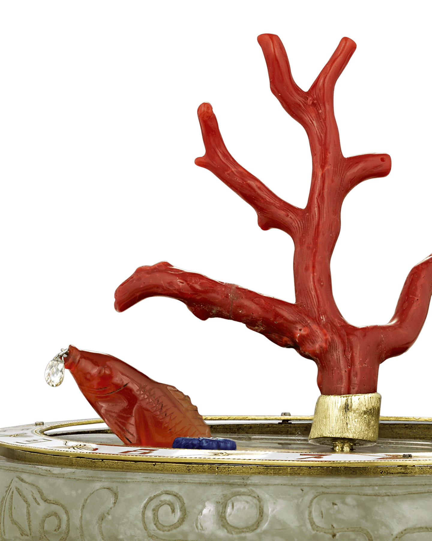 Coral and Jade Koi Fish Mystery Clock
