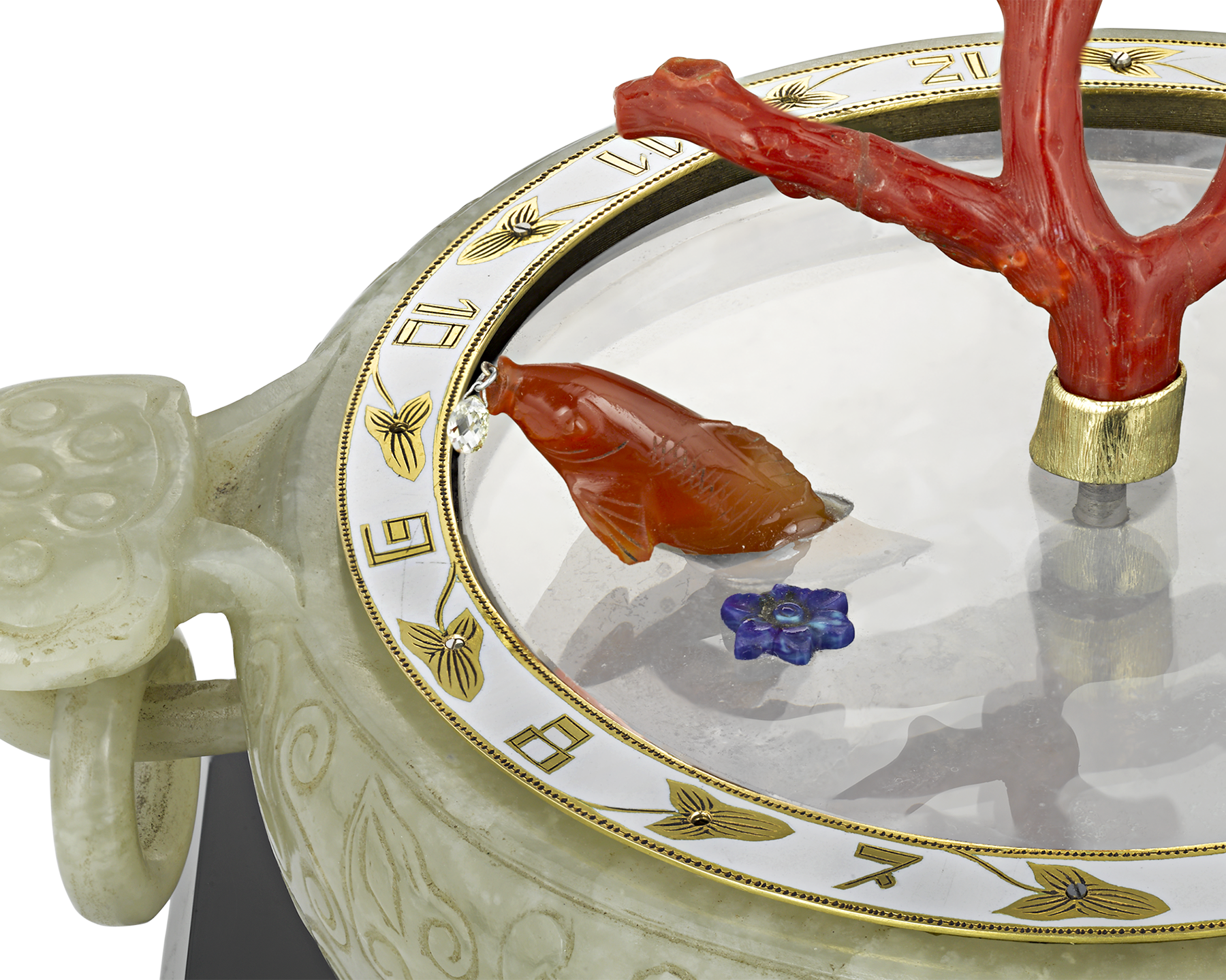 Coral and Jade Koi Fish Mystery Clock