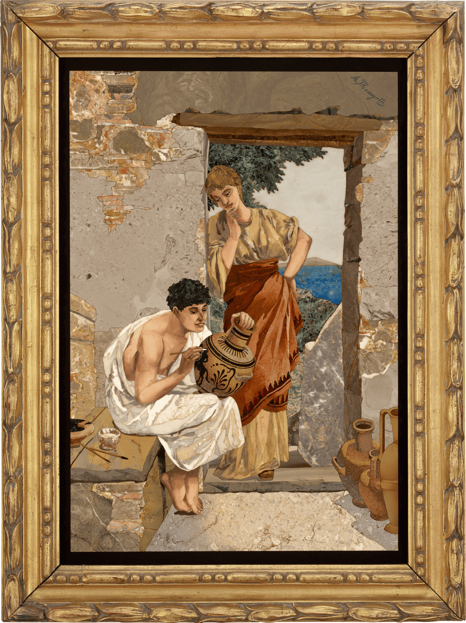 Pietre Dure Plaque of Ancient Artisan by Alberto Menegatti