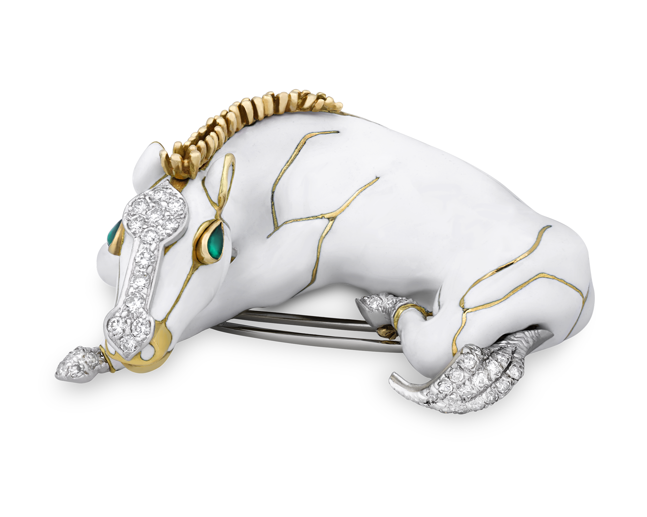 David Webb White Enamel, Pavé Diamond and Emerald Horse Brooch