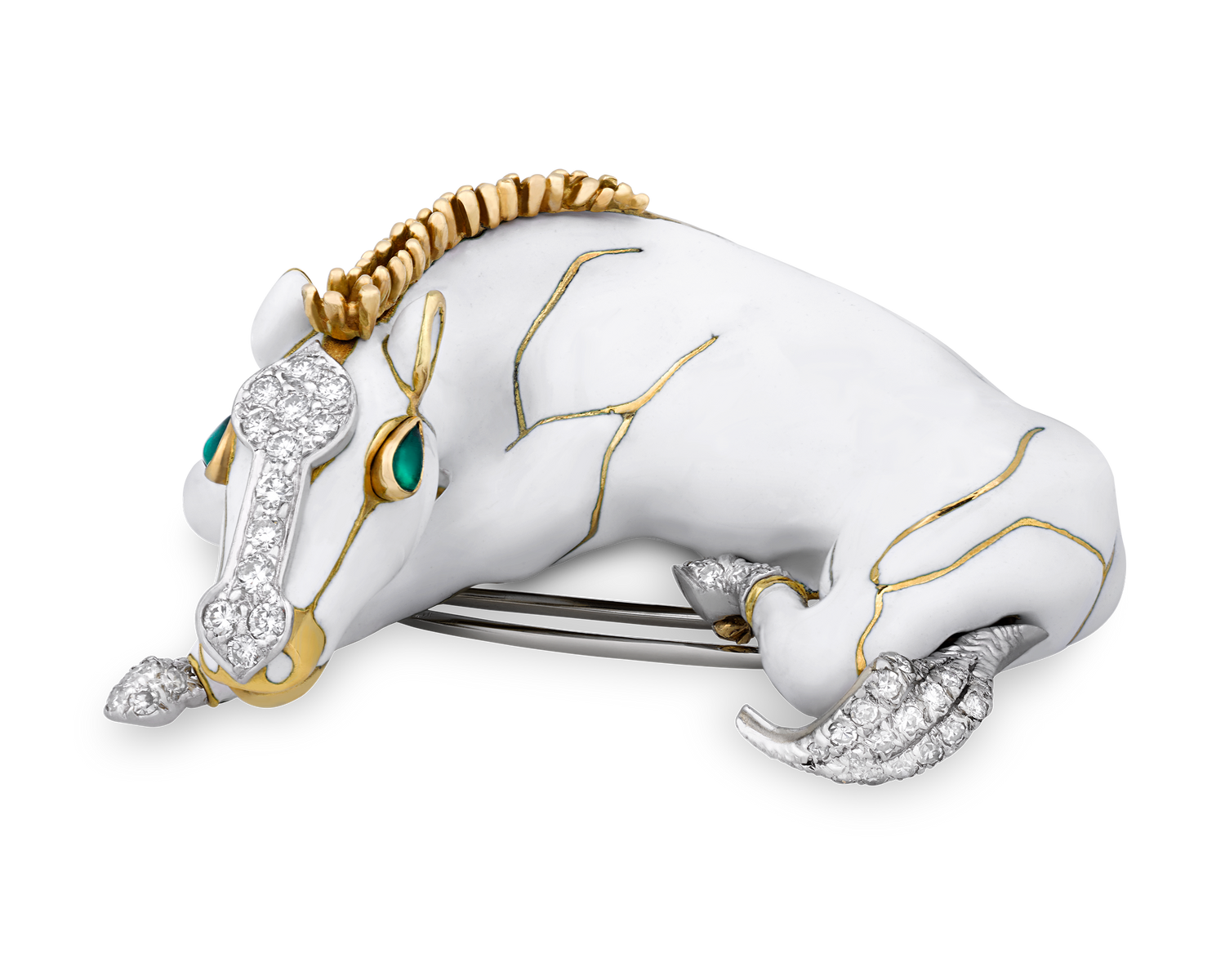 David Webb White Enamel, Pavé Diamond and Emerald Horse Brooch