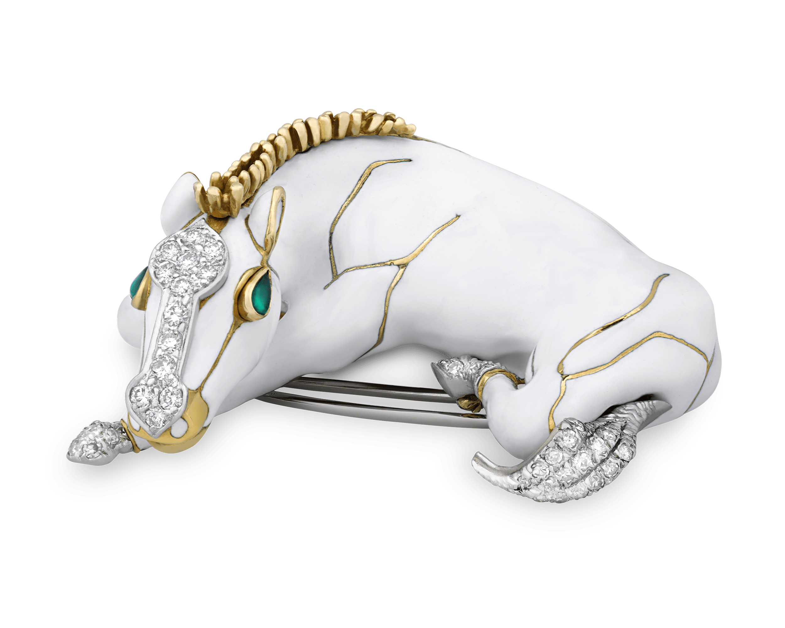 David Webb White Enamel, Pavé Diamond and Emerald Horse Brooch