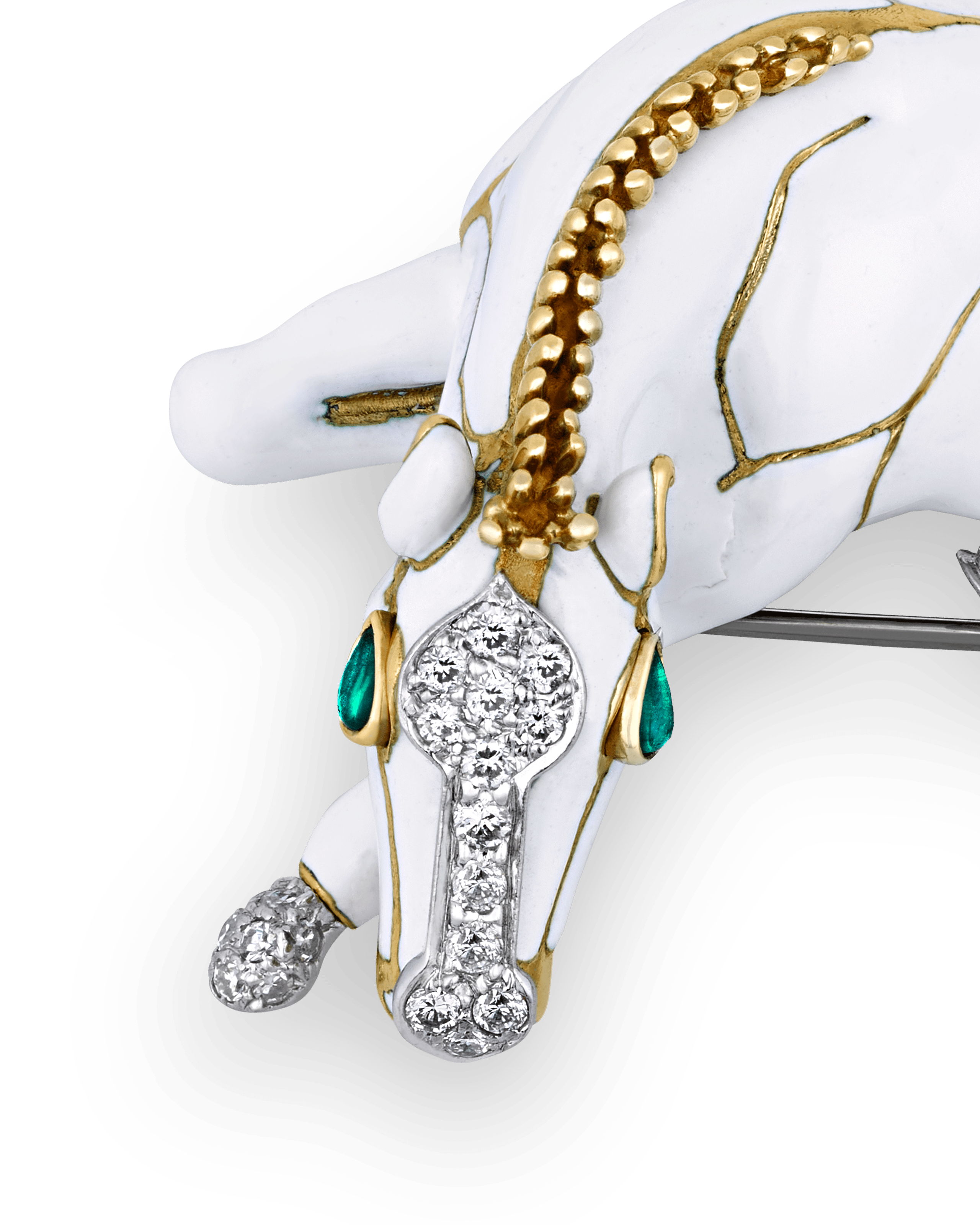 David Webb White Enamel, Pavé Diamond and Emerald Horse Brooch