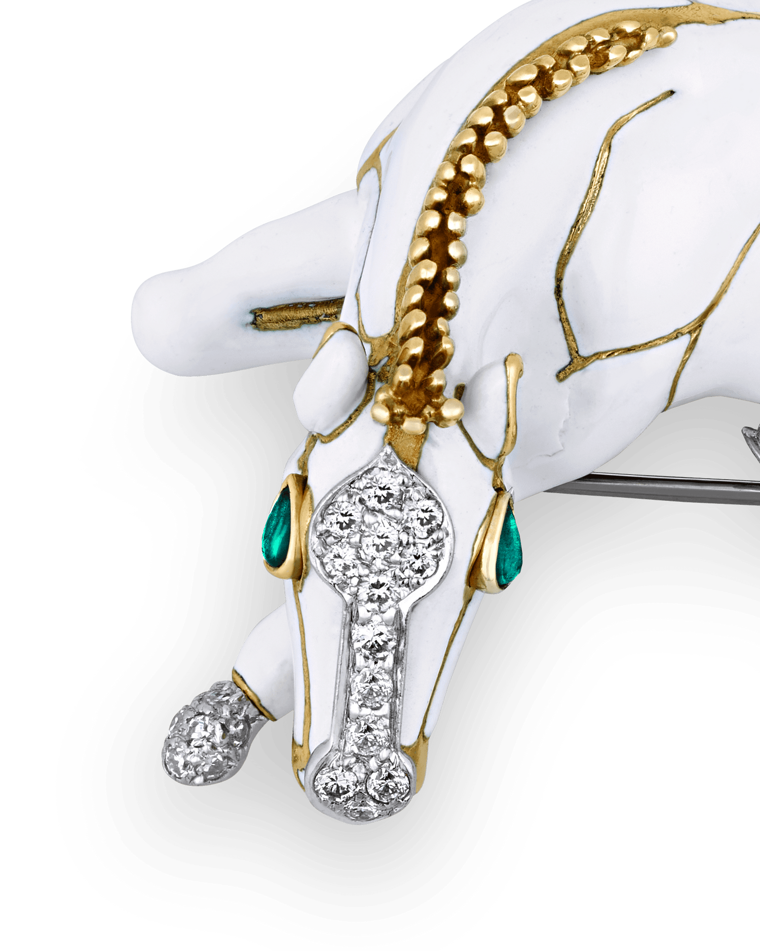 David Webb White Enamel, Pavé Diamond and Emerald Horse Brooch