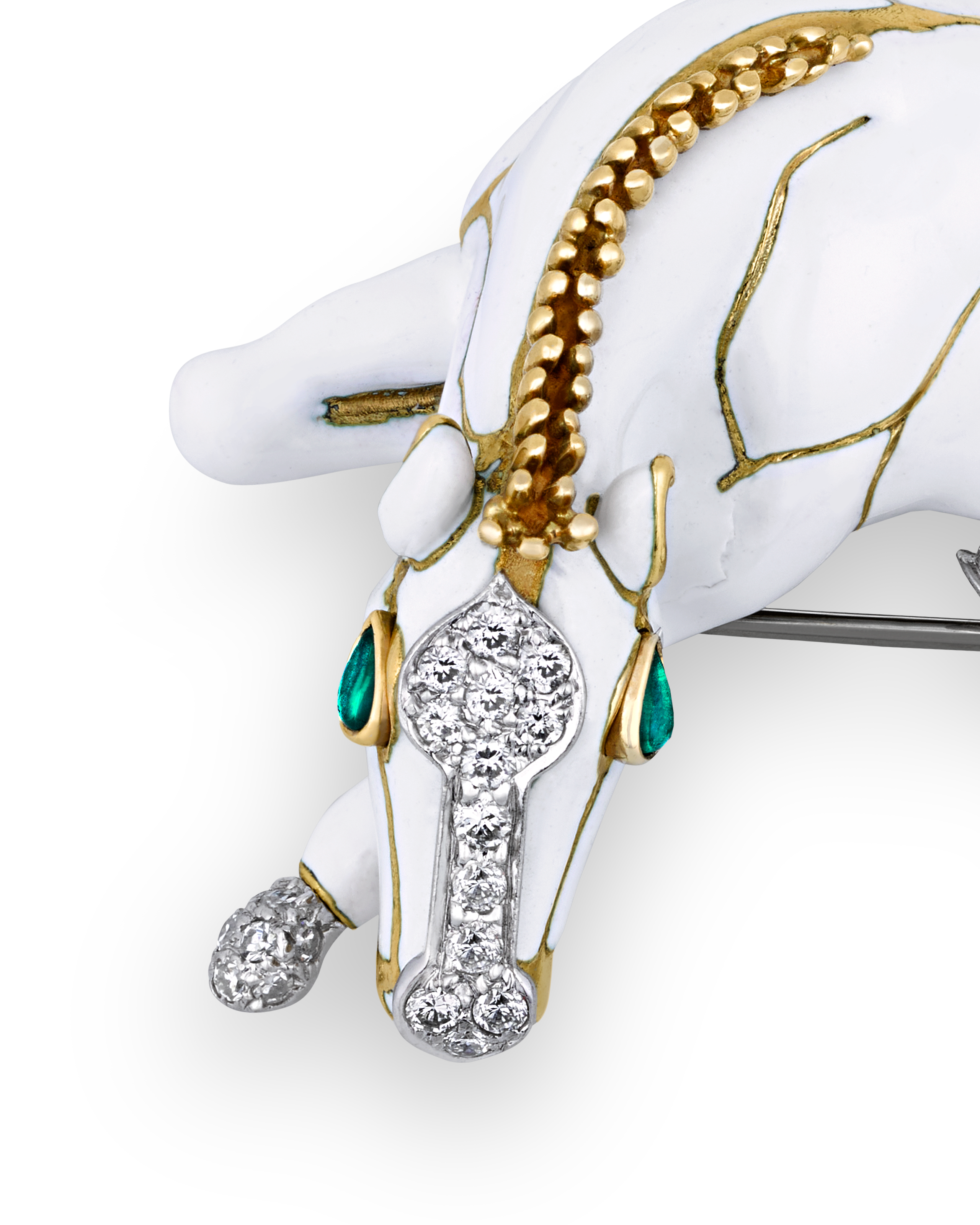 David Webb White Enamel, Pavé Diamond and Emerald Horse Brooch